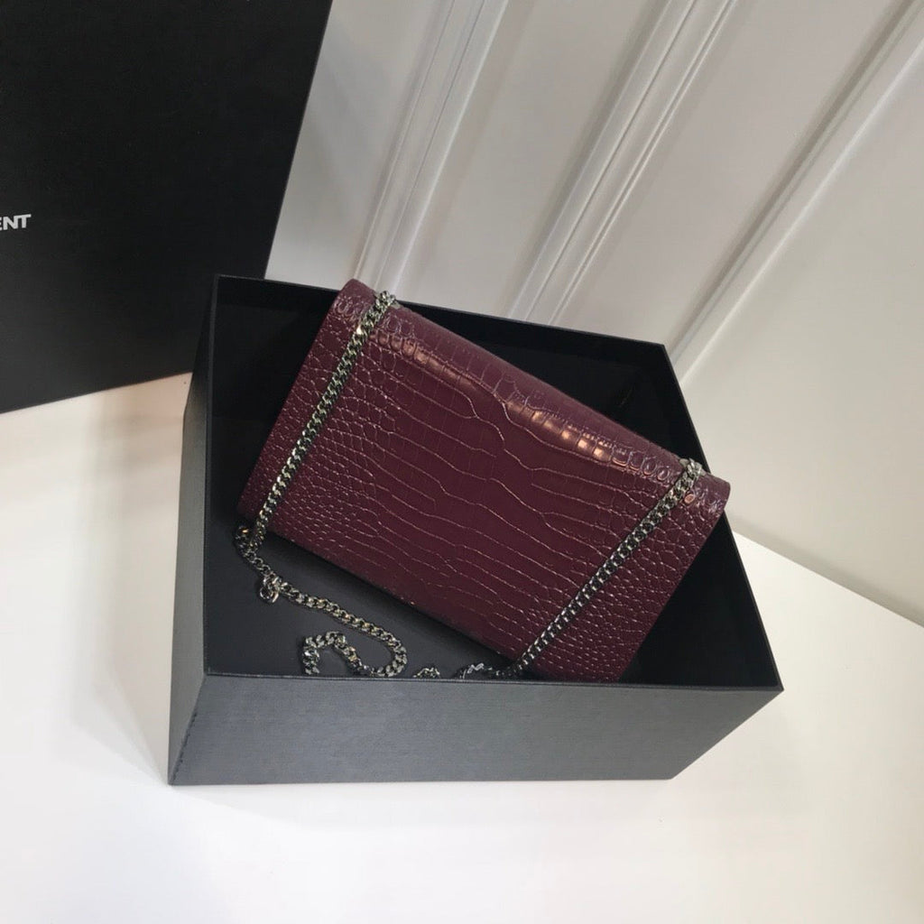 YSSL Kate Medium Chain Bag With Tassel In Embossed Crocodile Dark Violet For Women 9in/24cm YSL