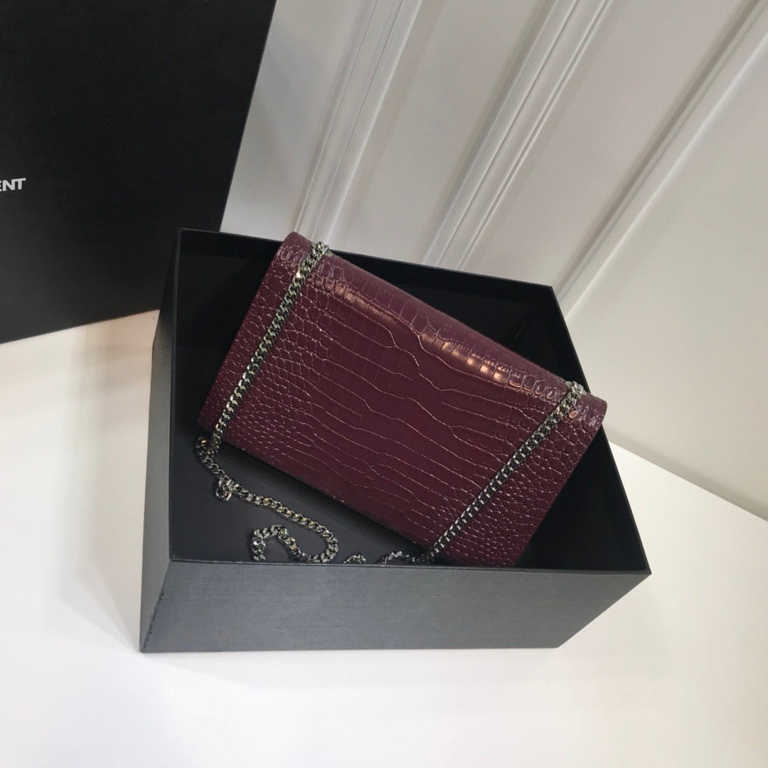 YSSL Kate Medium Chain Bag With Tassel In Embossed Crocodile Dark Violet For Women 9in/24cm YSL