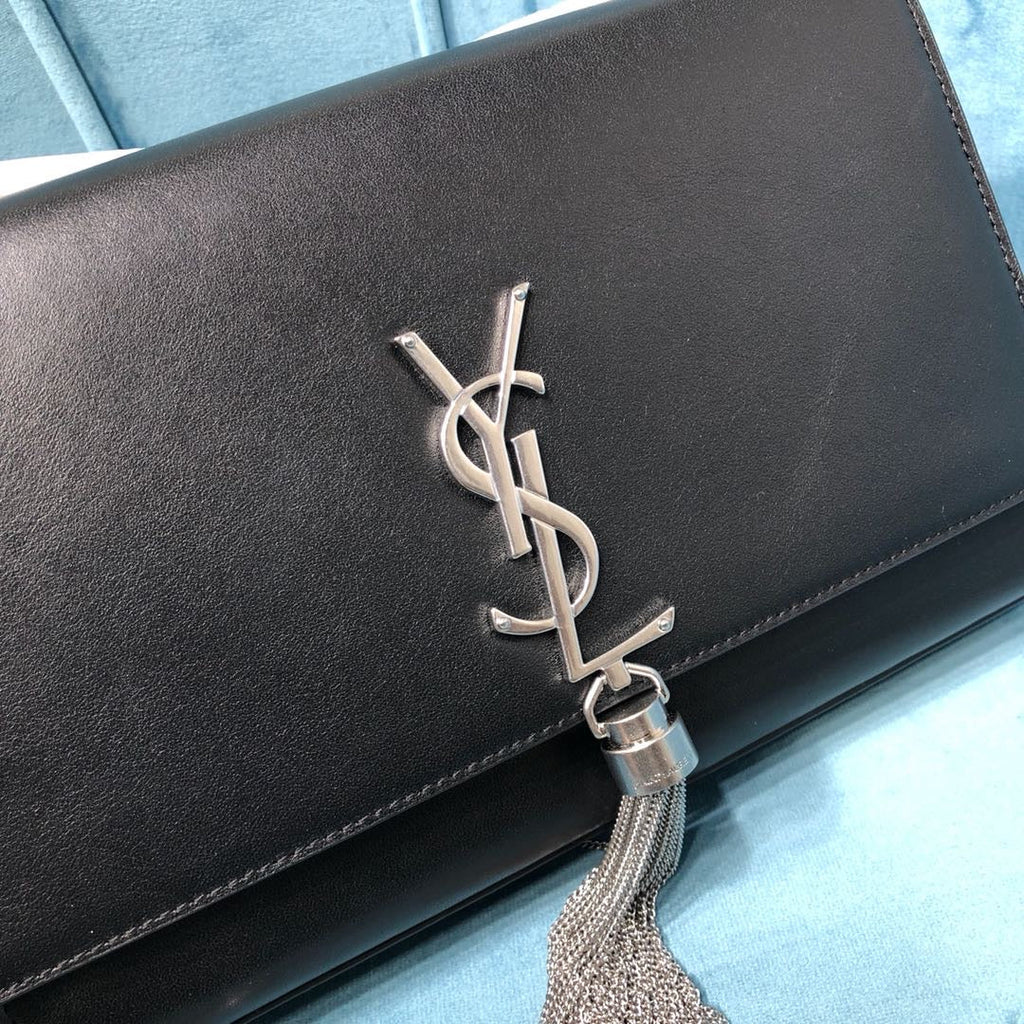YSSL Kate Medium Chain Bag With Tassel In Grain De Poudre Black For Women 9in/24cm YSL 354119BOW0N1000