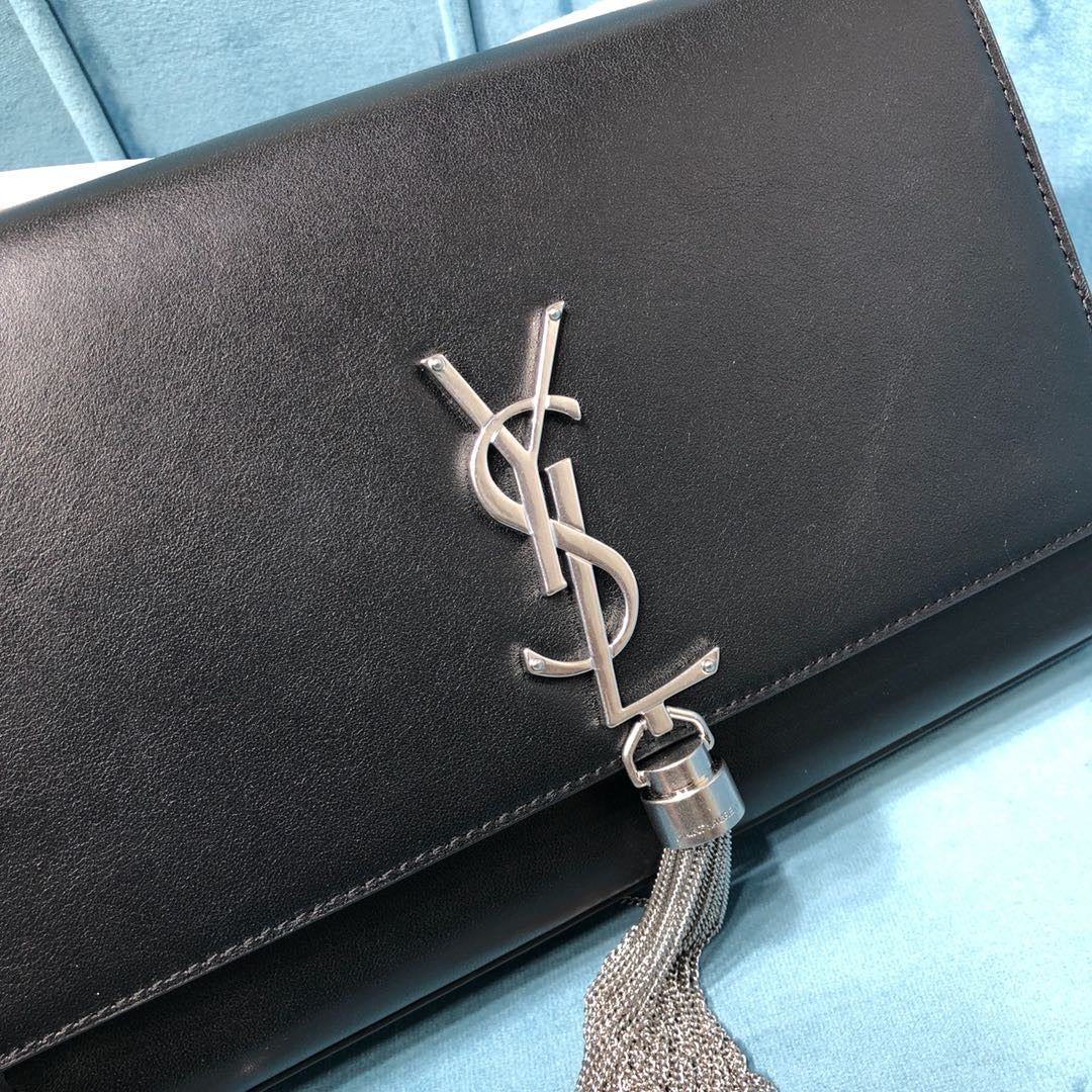 YSSL Kate Medium Chain Bag With Tassel In Grain De Poudre Black For Women 9in/24cm YSL 354119BOW0N1000