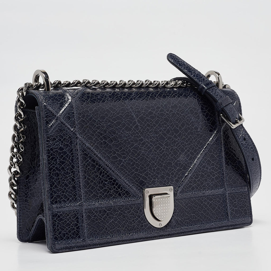 Dior Navy Blue Crinkled  Leather Medium Diorama Shoulder Bag