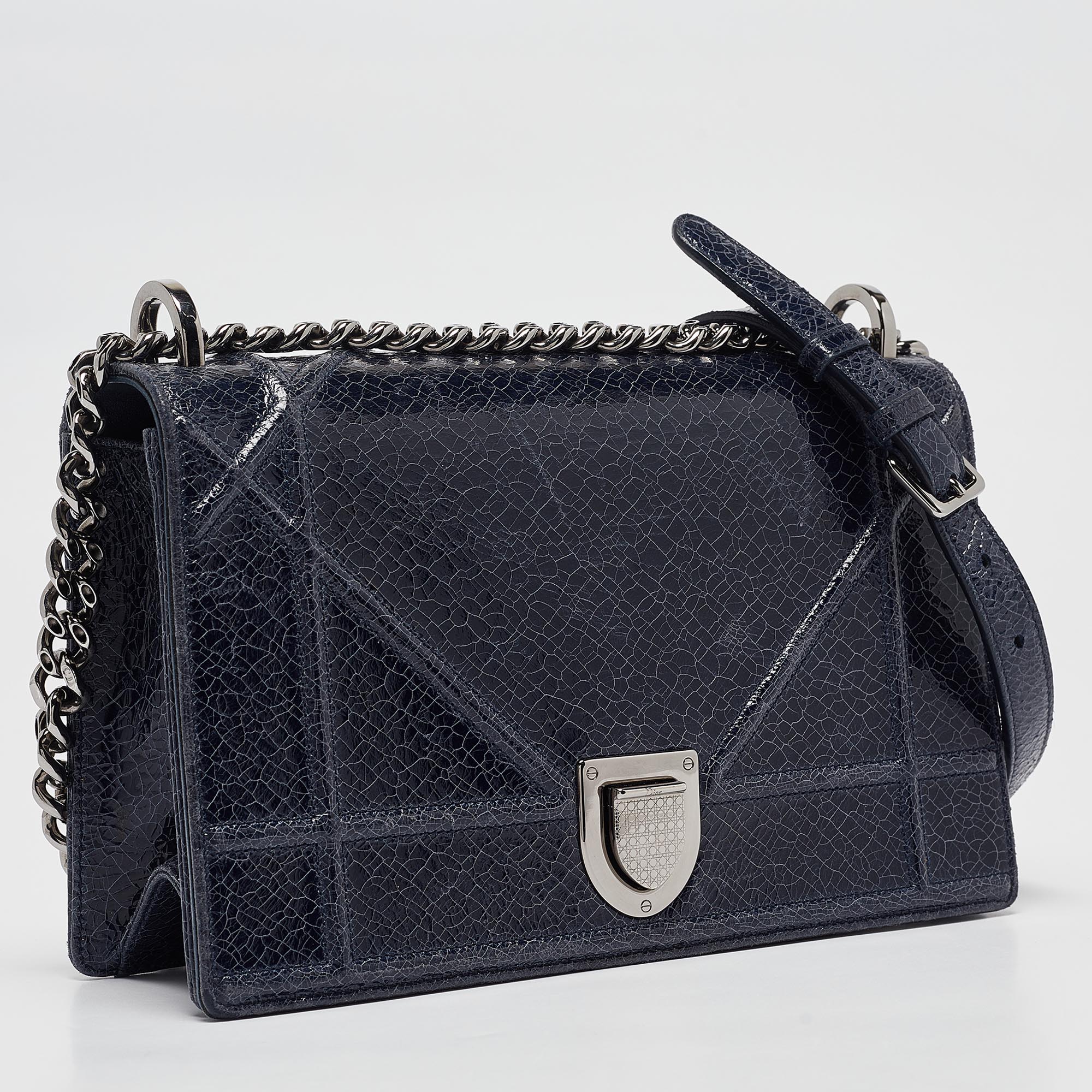 Dior Navy Blue Crinkled  Leather Medium Diorama Shoulder Bag