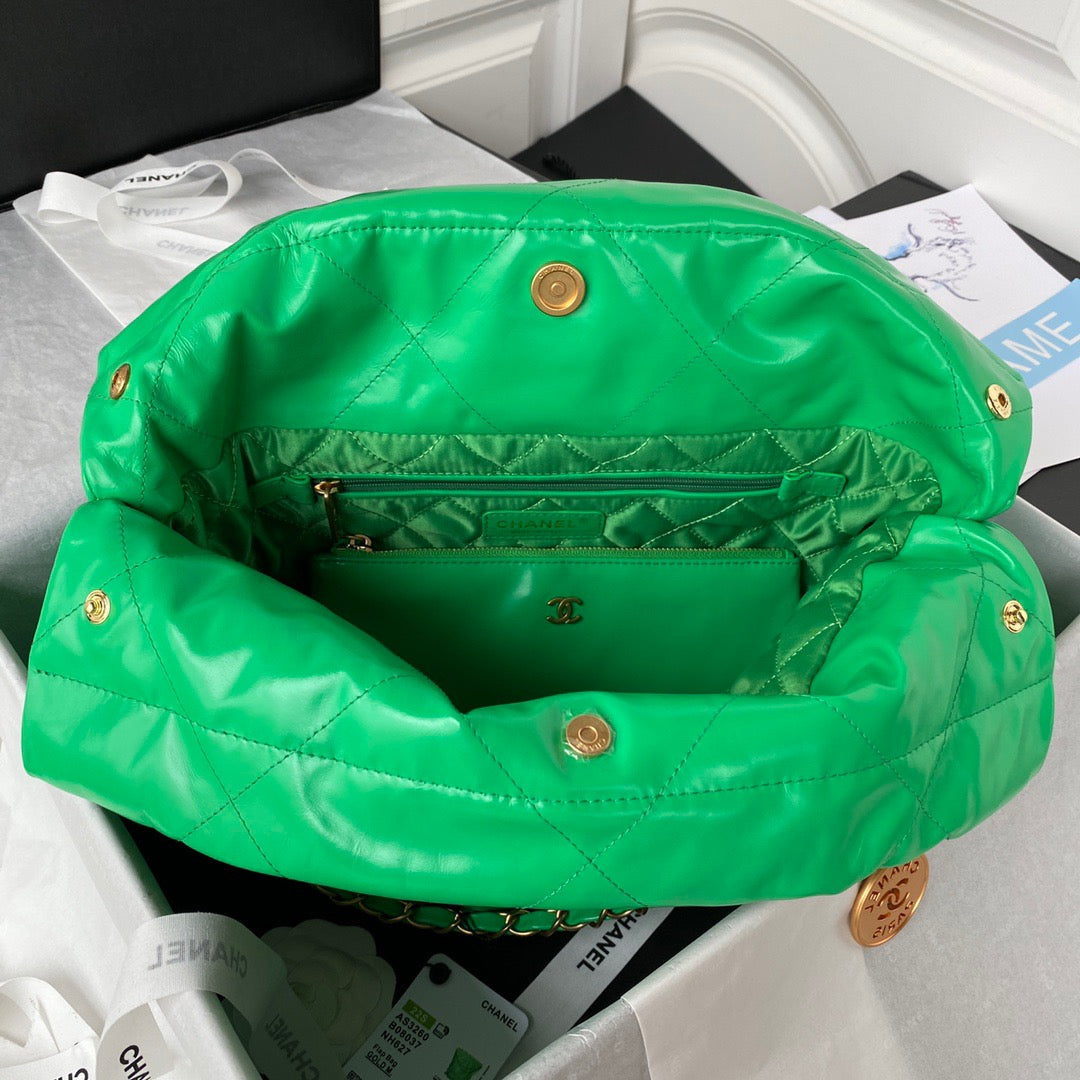 Chanel 22 Handbag Gold Hardware Shiny Green For Women Handbags, Shoulder Bags 16.5in/38cm AS3261