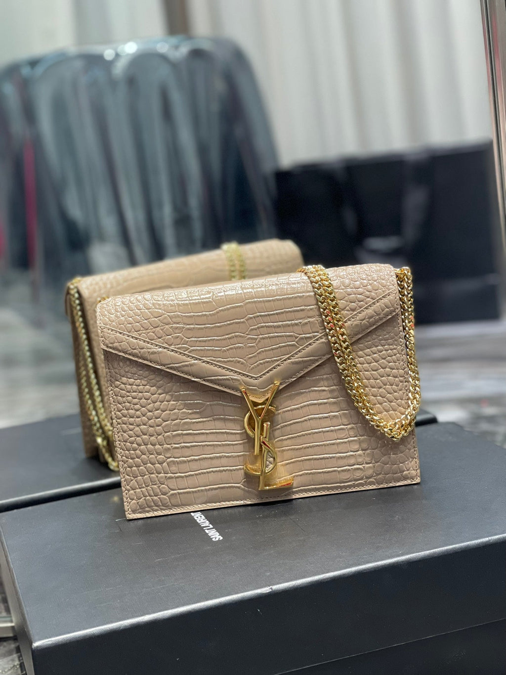 YSSL Cassandra Medium Chain Bag Dark Beige In Grain De Poudre Embossed For Women 8in/22cm YSL 532750DND0J2721