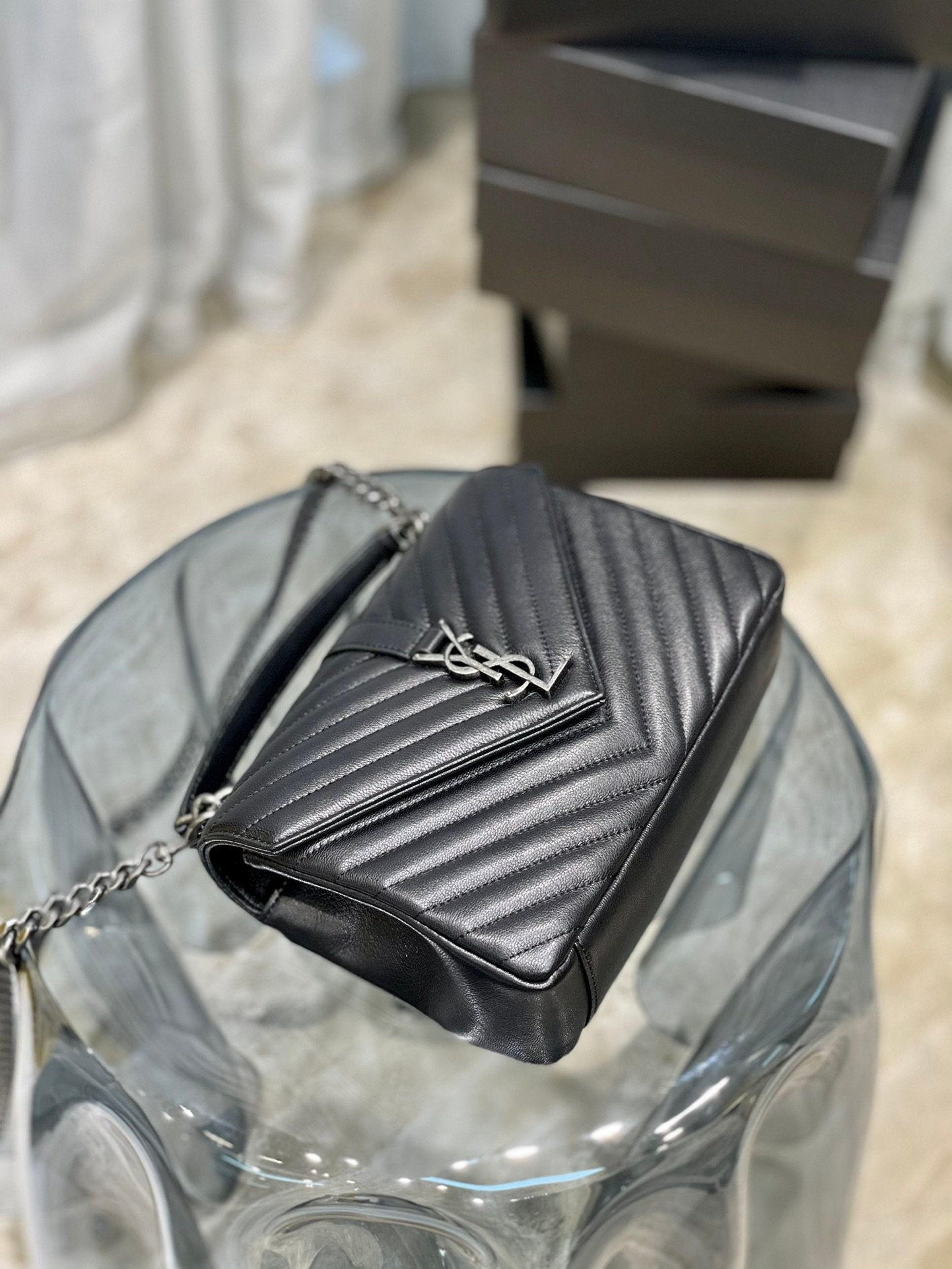 Top Quality College MeTop Qualityum Chain Bag Black Silver Toned Hardware For Women 9.4in/24cm YSL 600279BRM041000
