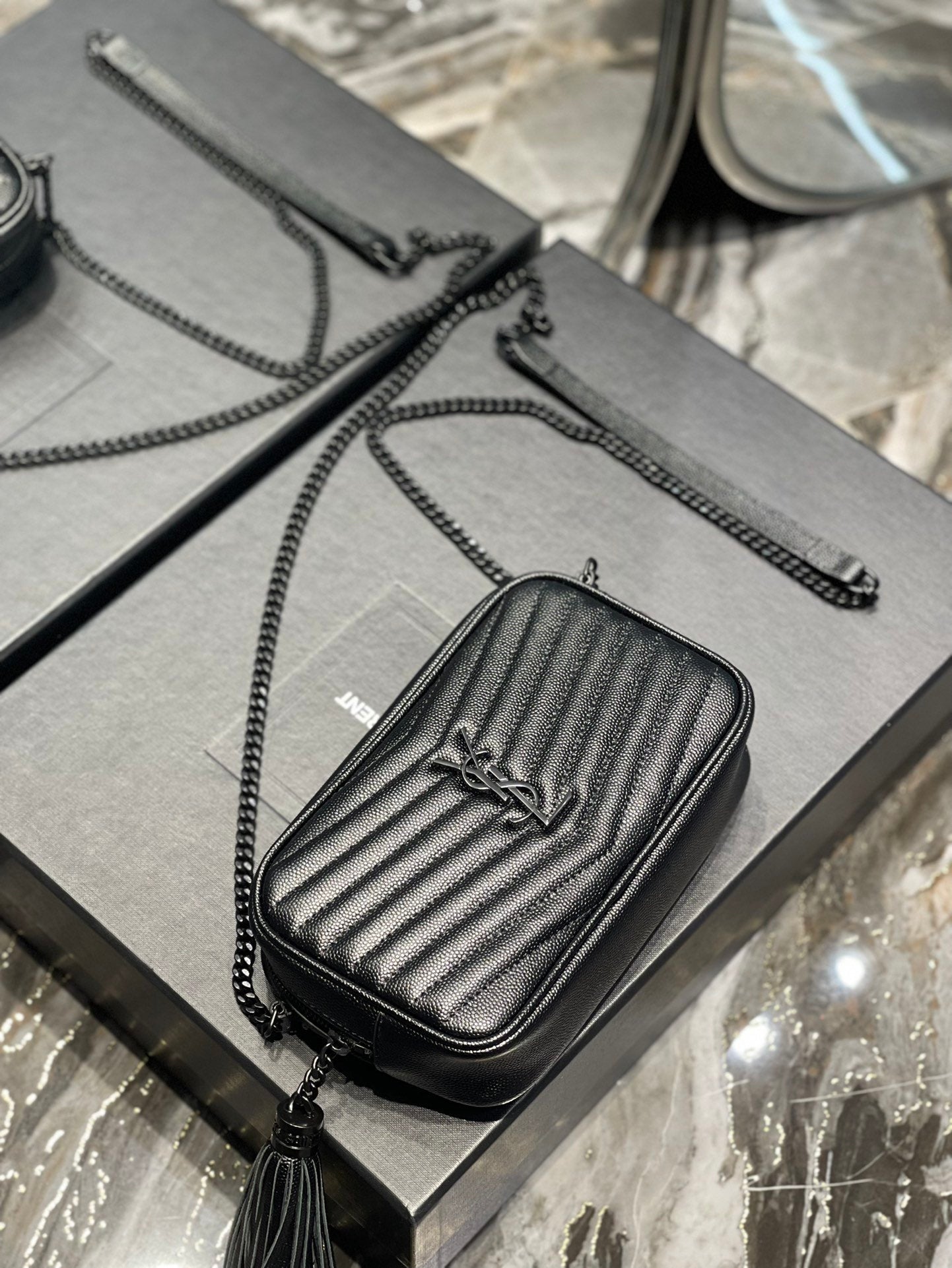 YSSL Lou Mini Bag Black In Quilted Grain De Poudre With Metal Toned Hardware For Women 7in/19cm YSl 6125791GF081000