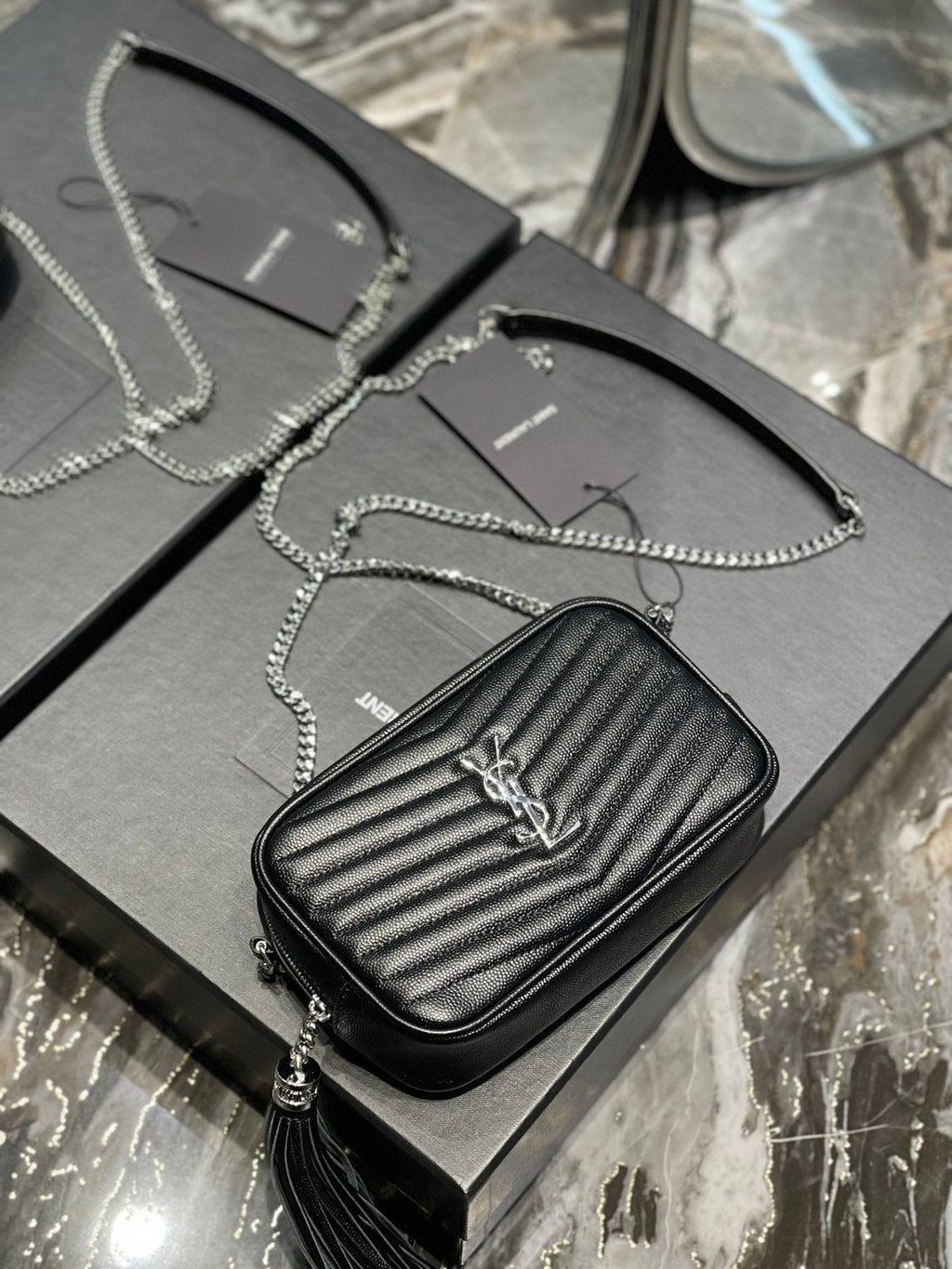 Top Quality Lou Mini Bag Black In Quilted Grain De Poudre With Silver Toned Hardware For Women 7.4in/19cm YSl 6125791GF021000