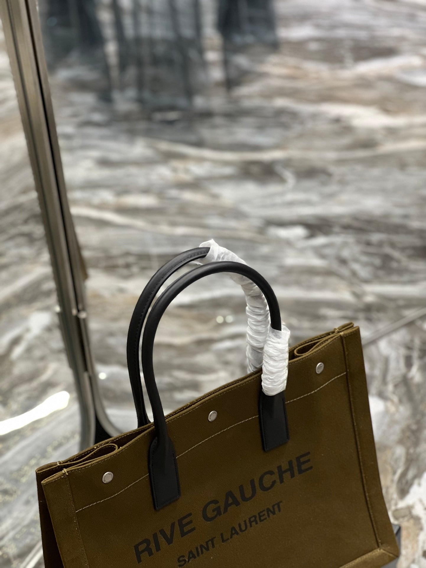 YSSL Rive Gauche Small Tote Bag In Linen Khaki Brown For Women 15in/39cm YSL