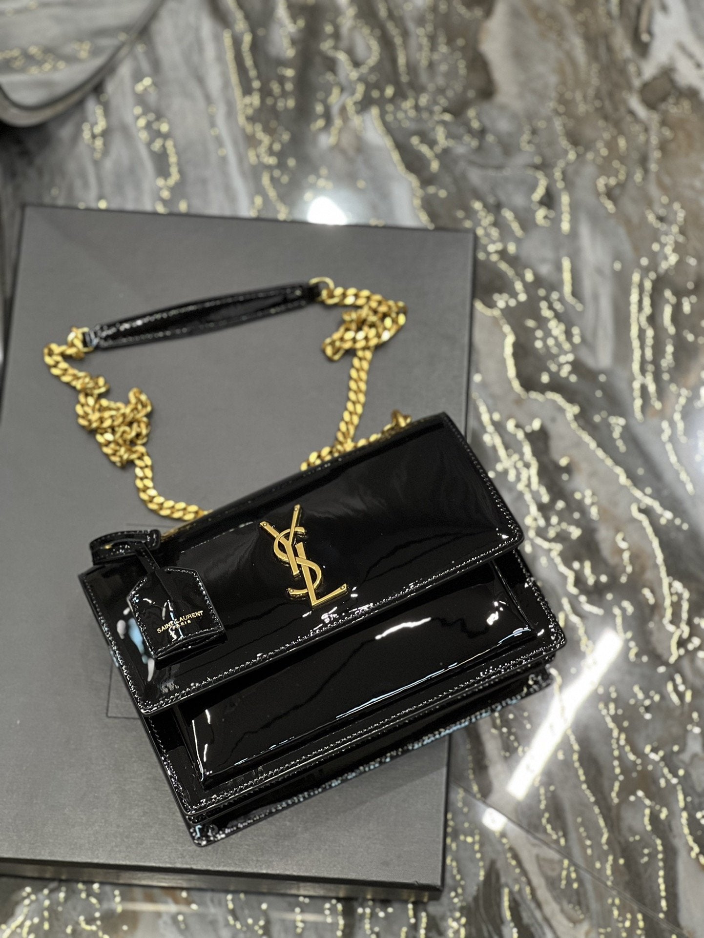 YSSL Sunset Medium Chain Bag For Women 8in/22cm Black YSL