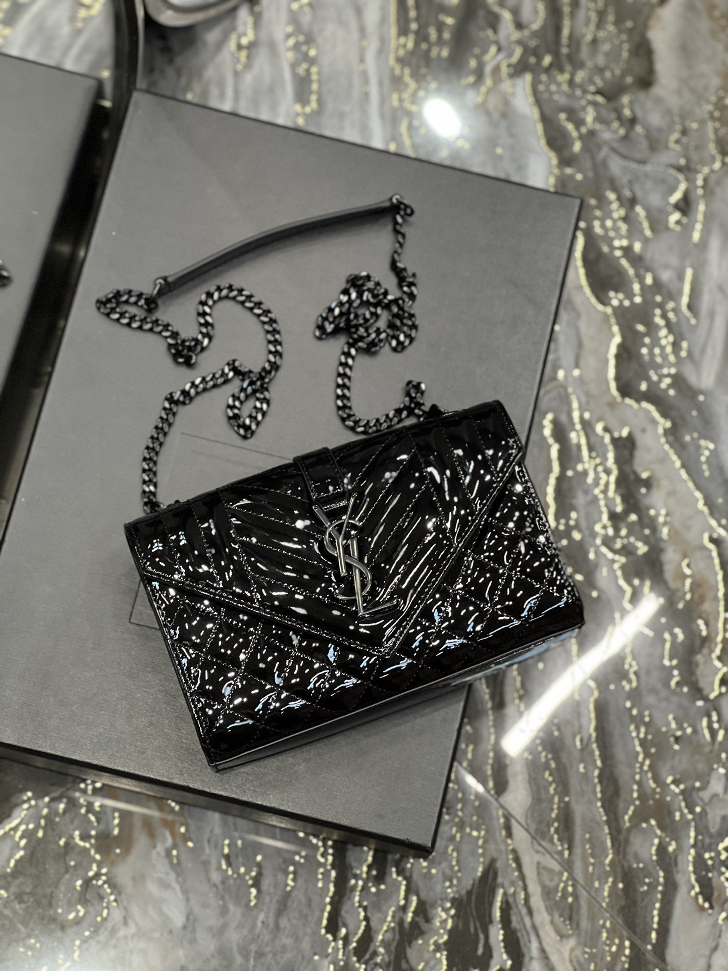 Top Quality Envelope Small Bag Black In Mix MatelassÃ© Grain De Poudre Embossed Material For Women 8.2in/21cm YSL