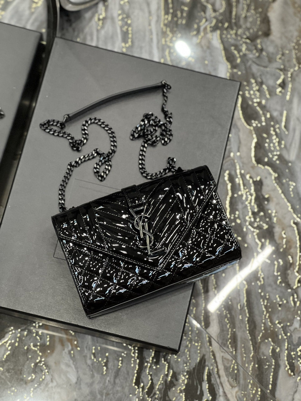 YSSL Envelope Small Bag Black In Mix MatelassÃ© Grain De Poudre Embossed Material For Women 8in/21cm YSL