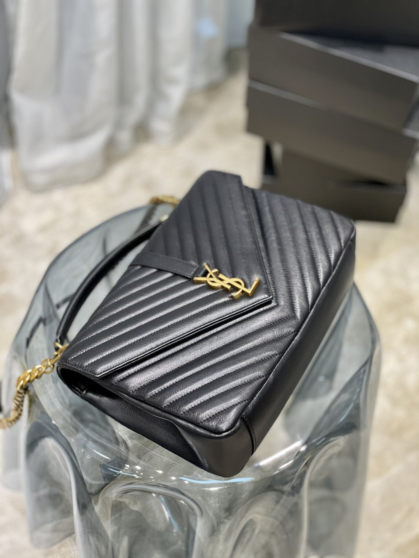 YSSL College Large Chain Bag Black With Gold Hardware For Women 12in/32cm YSL 600278BRM071000