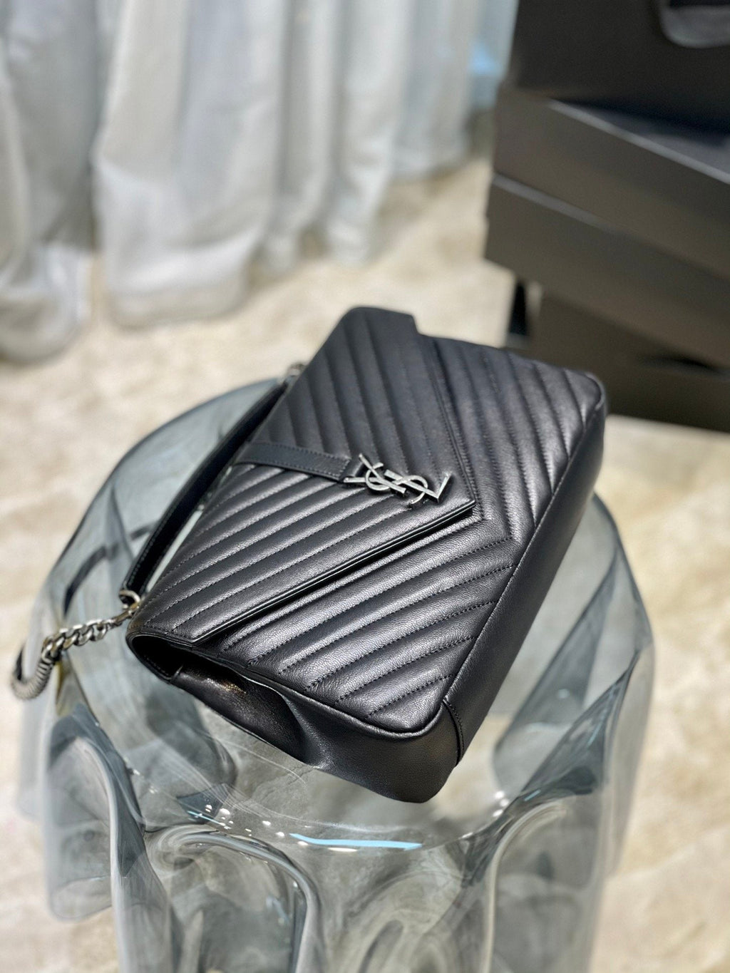 YSSL College Large Chain Bag Black With Silver TonedHardware For Women 12in/32cm YSL 600278BRM041000