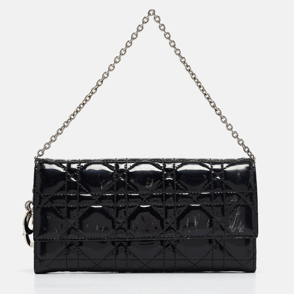 Dior Black Cannage  Leather Lady Dior Wallet On Chain