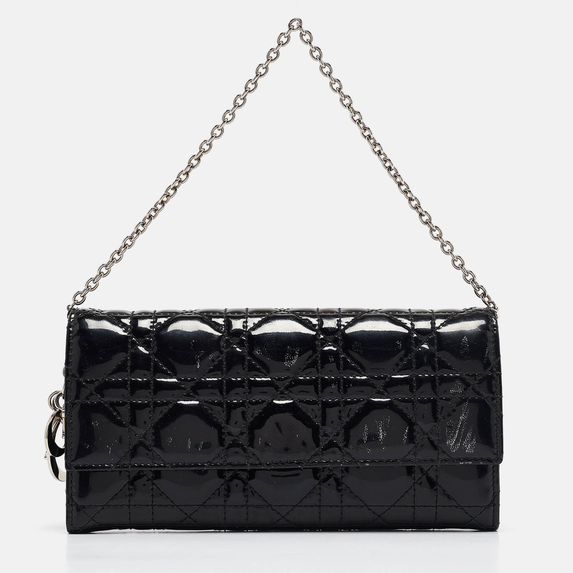 Dior Black Cannage  Leather Lady Dior Wallet On Chain