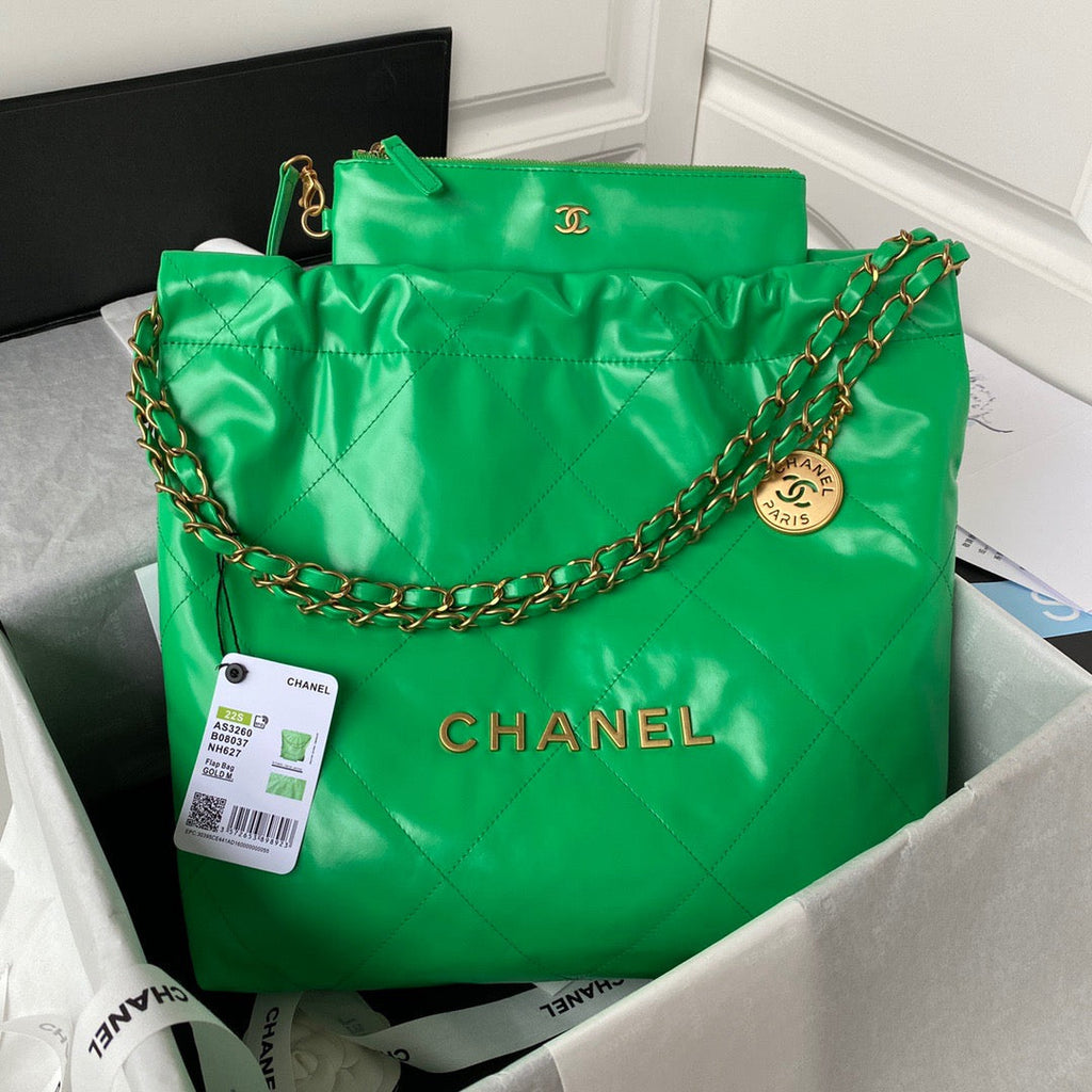 Chanel 22 Handbag Gold Hardware Shiny Green For Women Handbags, Shoulder Bags 16.5in/38cm AS3261