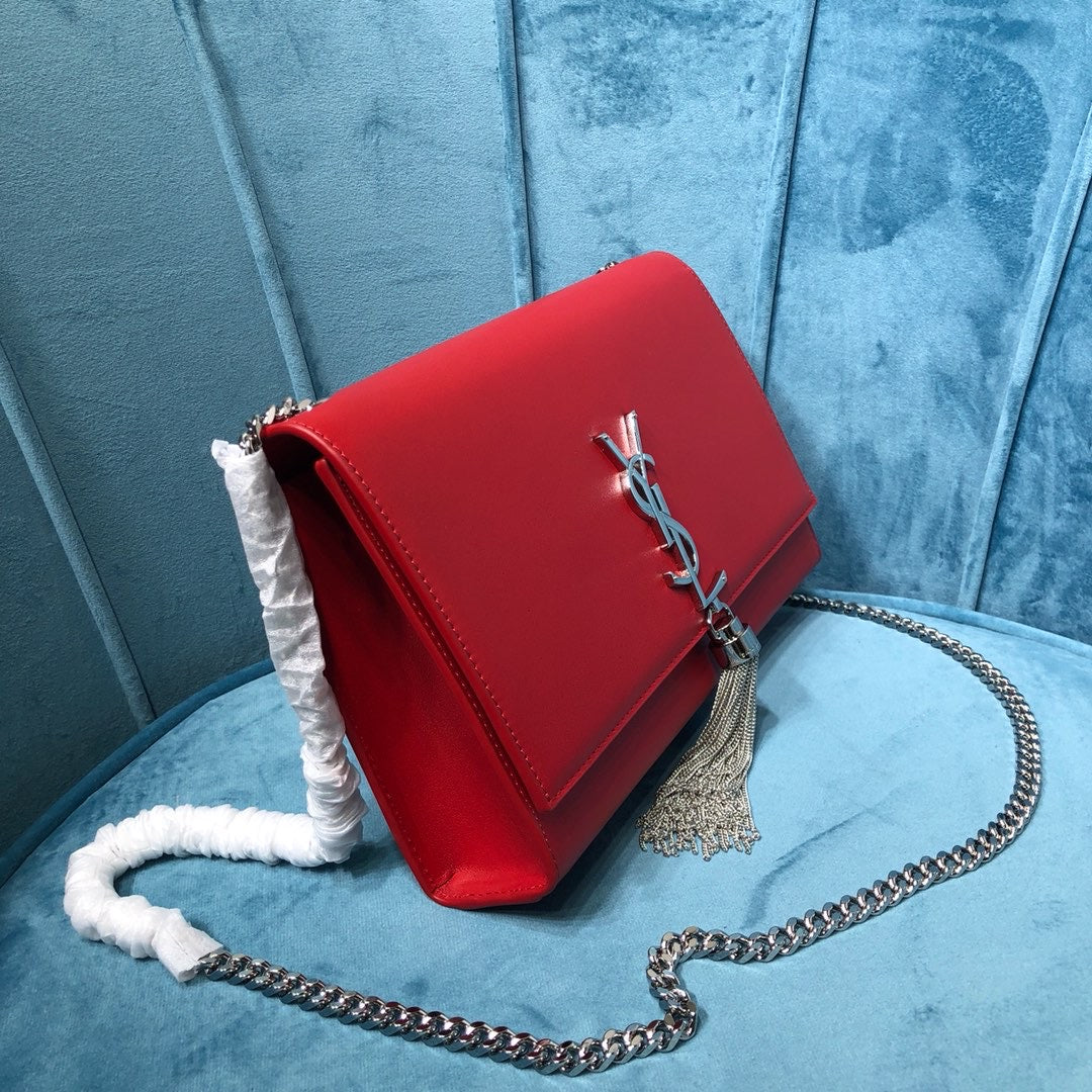 YSSL Kate Medium Chain Bag With Tassel In Grain De Poudre Red For Women 9in/24cm YSL