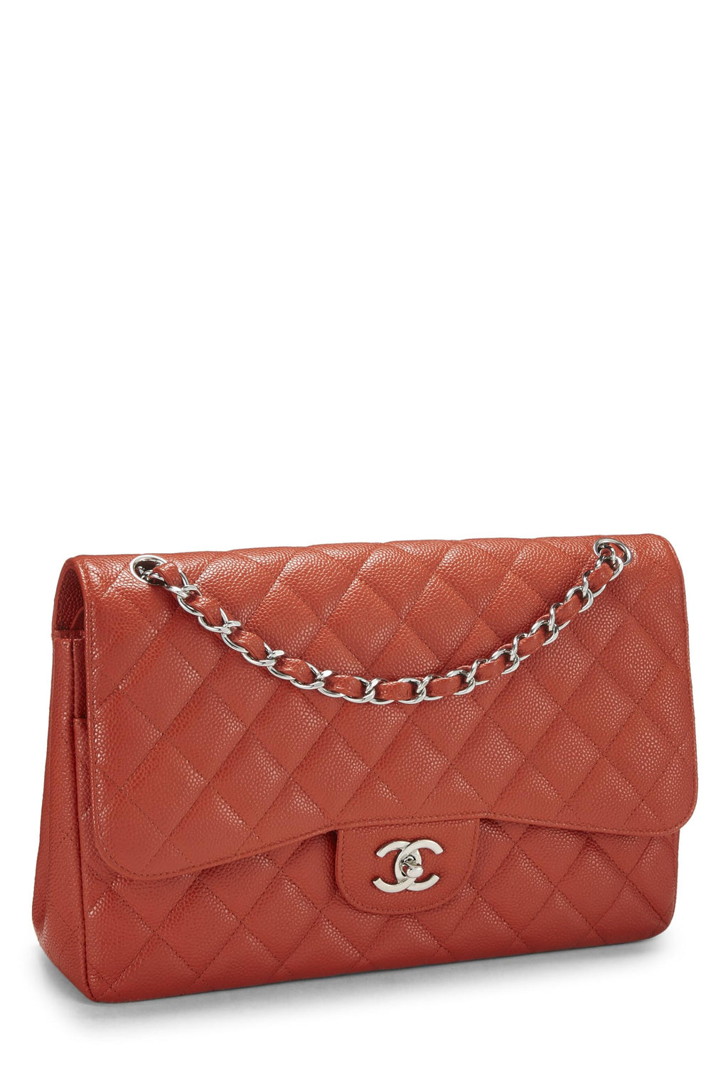 Chanel,  Orange Quilted Caviar New Classic Double Flap Jumbo, Orange
