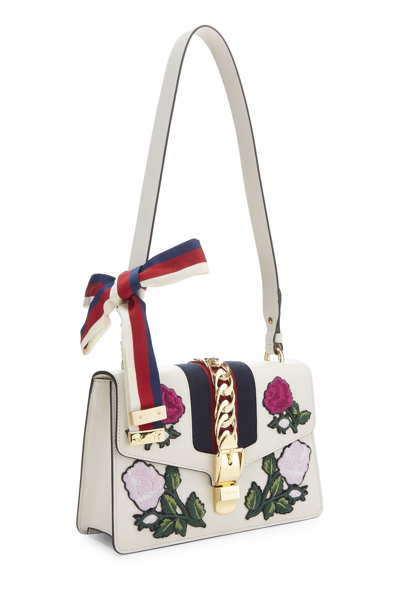 Gucci,  White Floral Embroidered Leather SyLouis Vuittonie Shoulder Bag Small, White