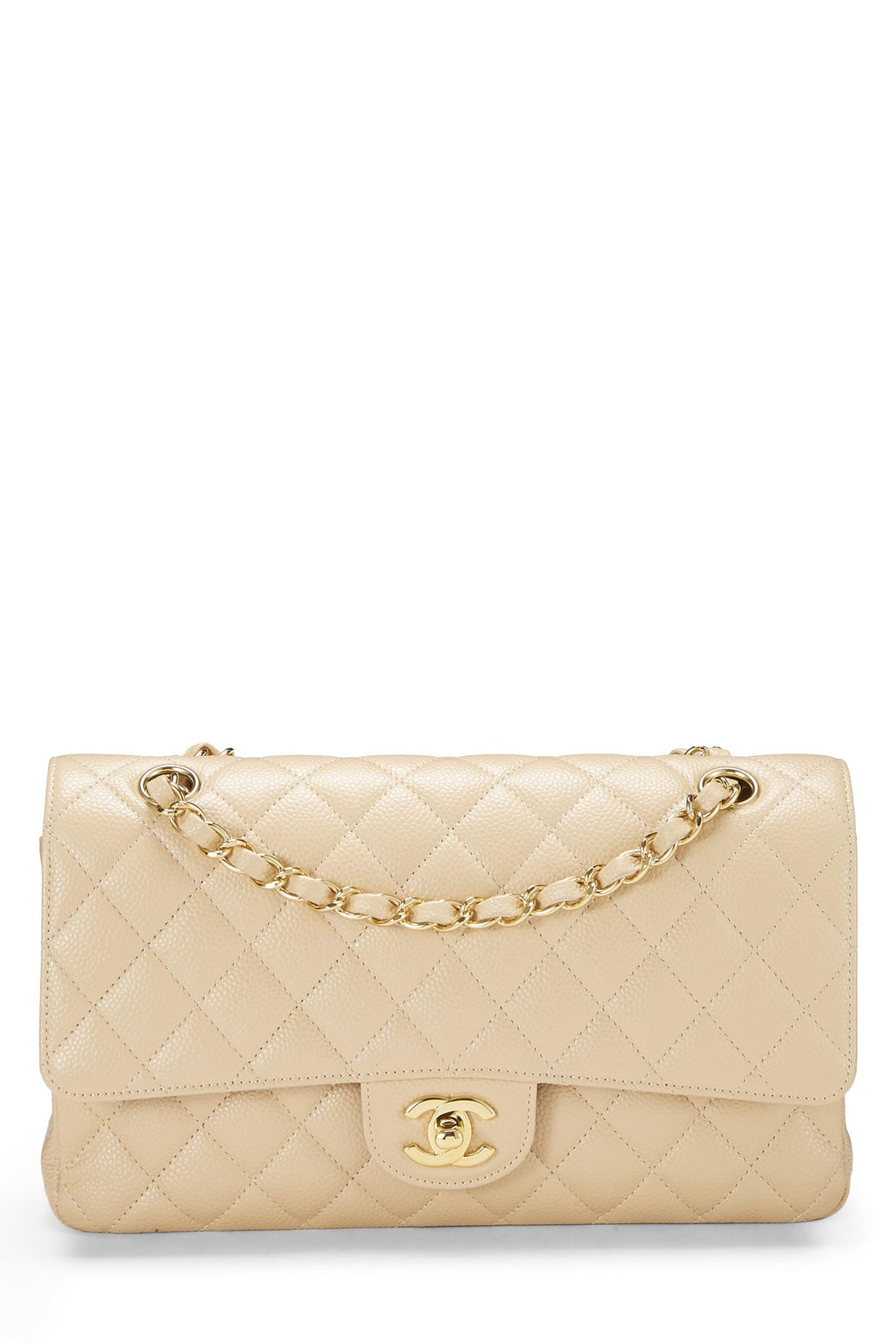 Chanel,  Beige Quilted Caviar Classic Double Flap Medium, Beige