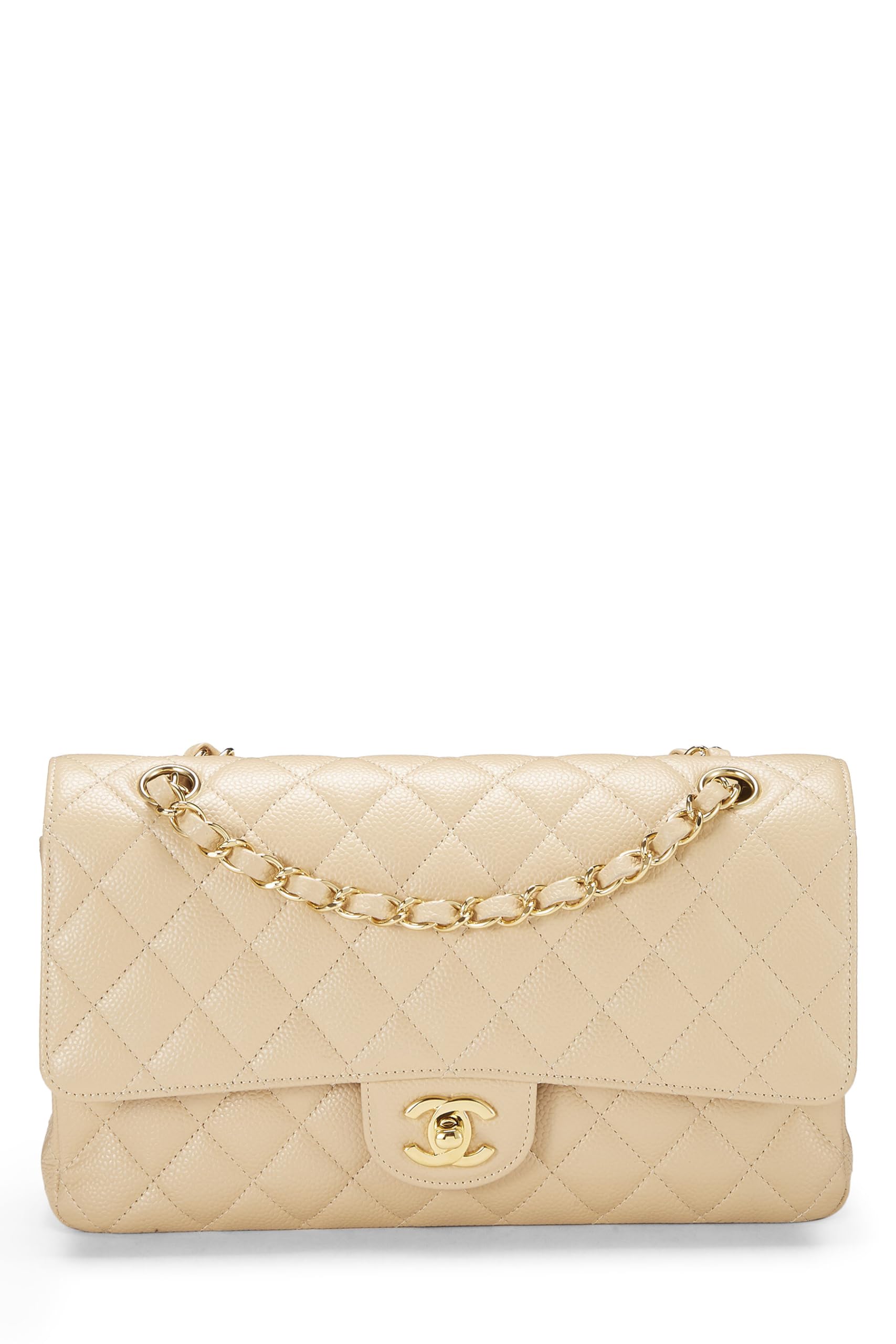 Chanel,  Beige Quilted Caviar Classic Double Flap Medium, Beige