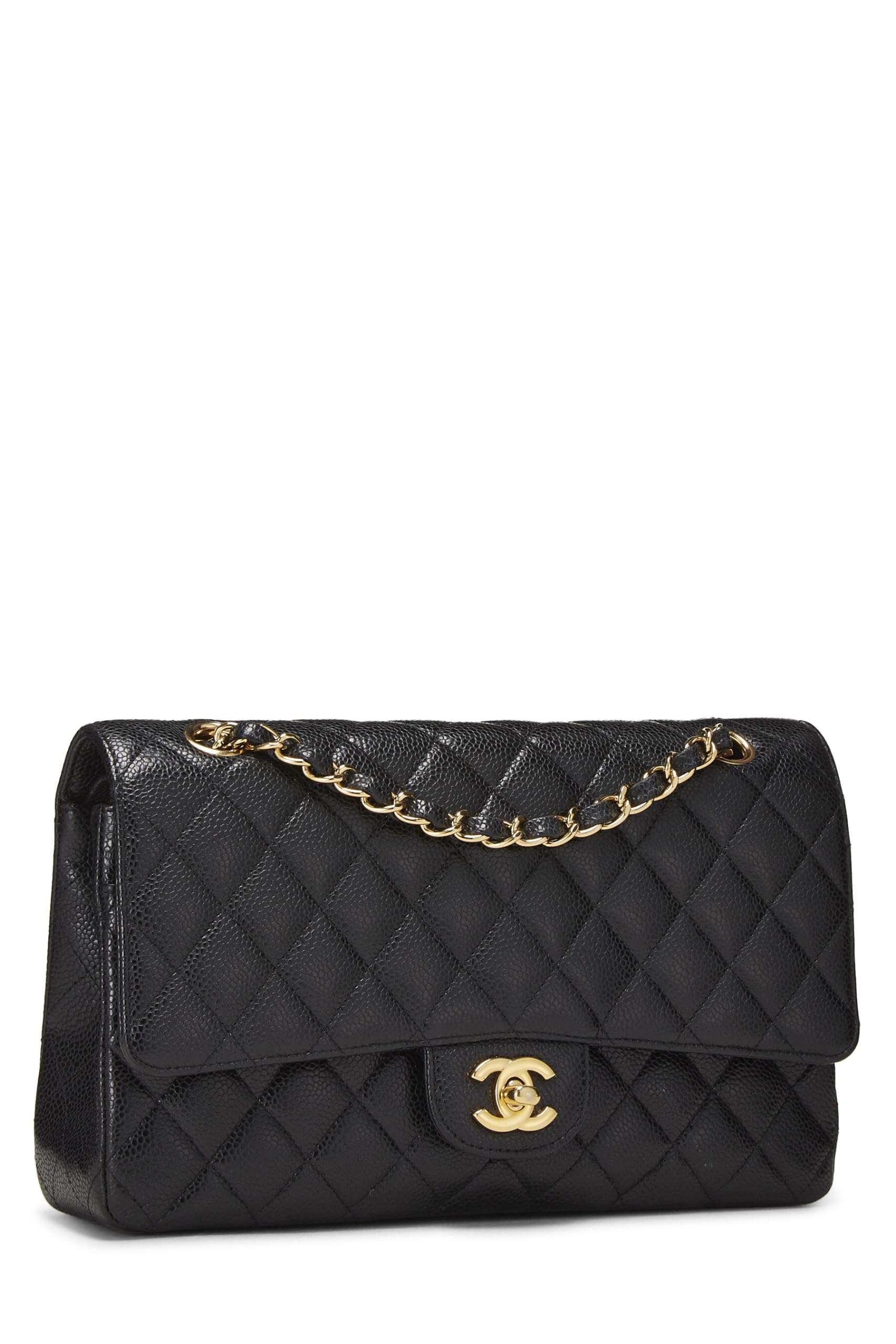 Chanel,  Black Quilted Caviar Classic Double Flap Medium, Black