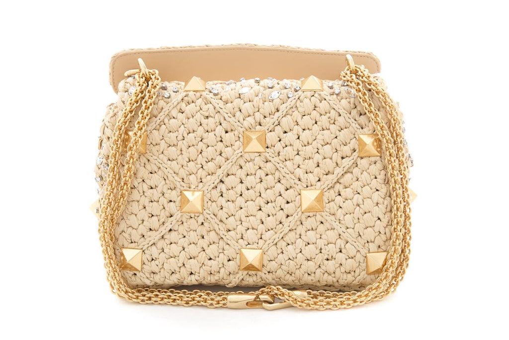 Valentino Medium Roman Stud Raffia Shoulder Bag