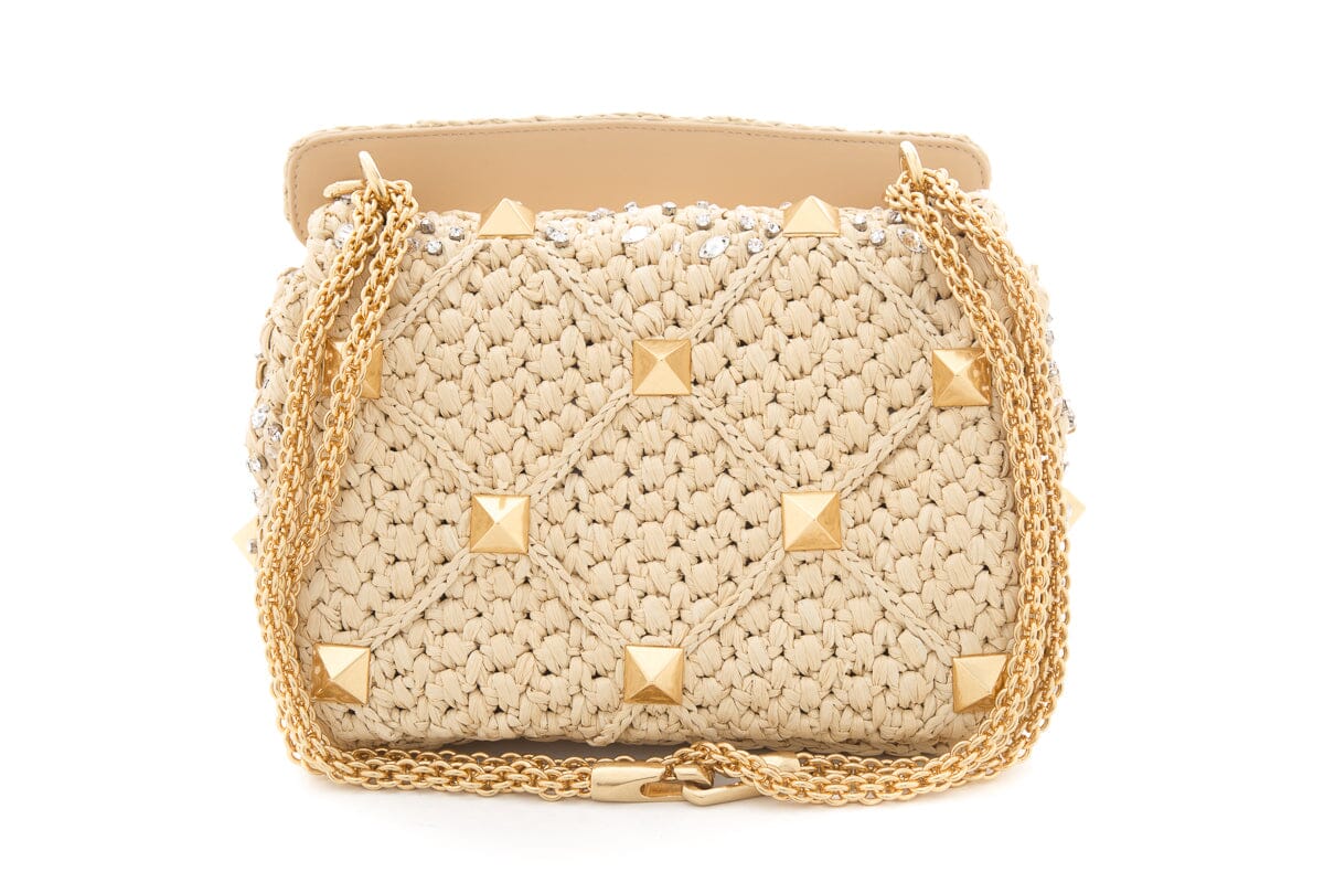 Valentino Medium Roman Stud Raffia Shoulder Bag
