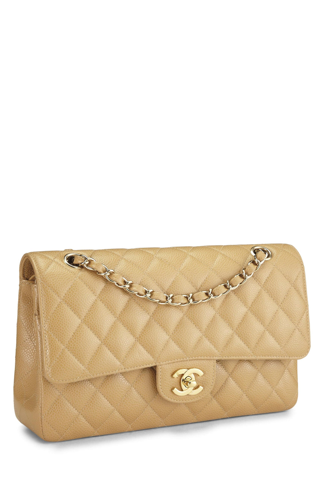 Chanel,  Beige Quilted Caviar Classic Double Flap Medium, Beige