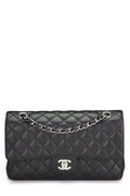 Chanel,  Black Quilted Caviar Classic Double Flap Medium, Black