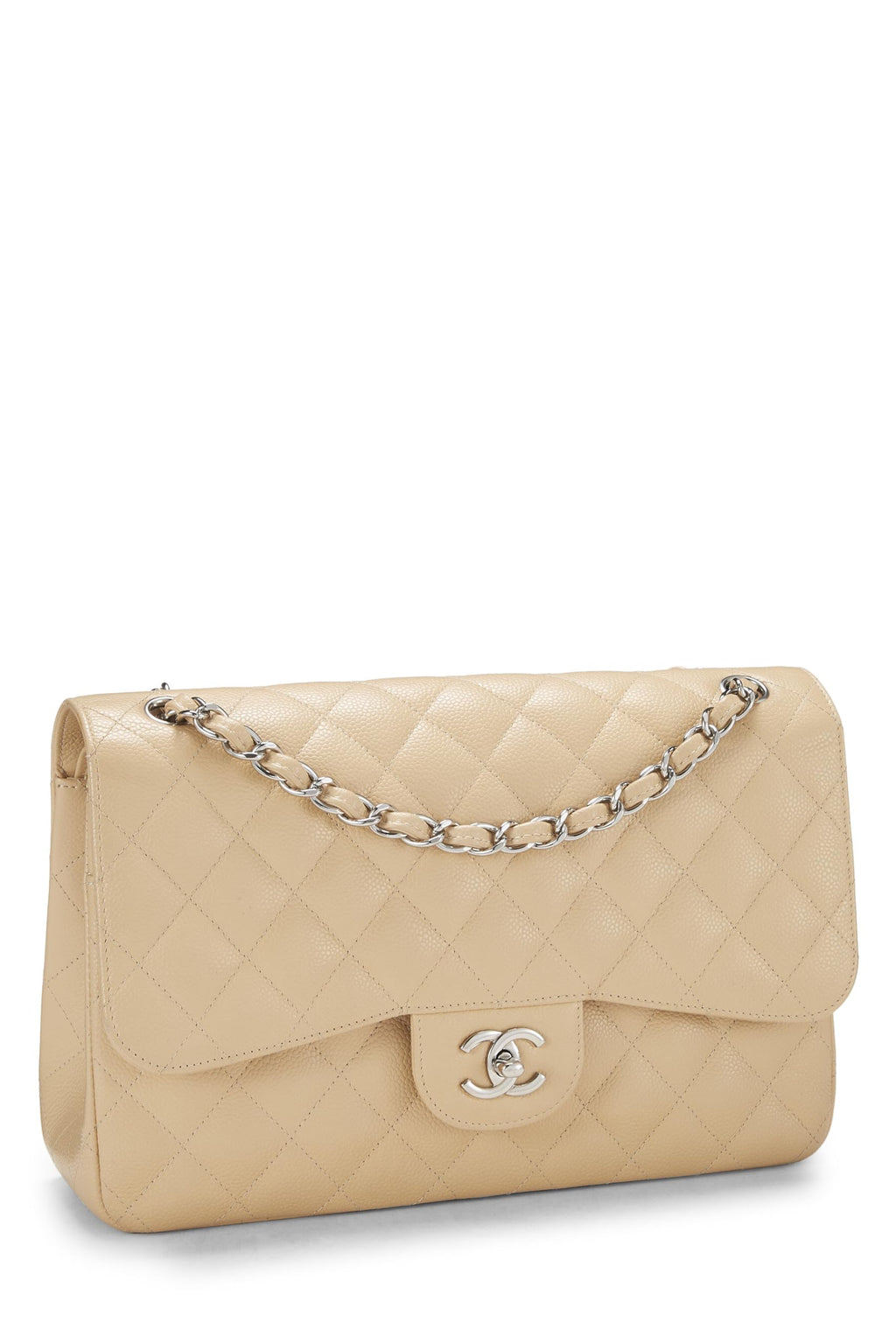 Chanel,  Beige Quilted Caviar New Classic Double Flap Jumbo, Beige