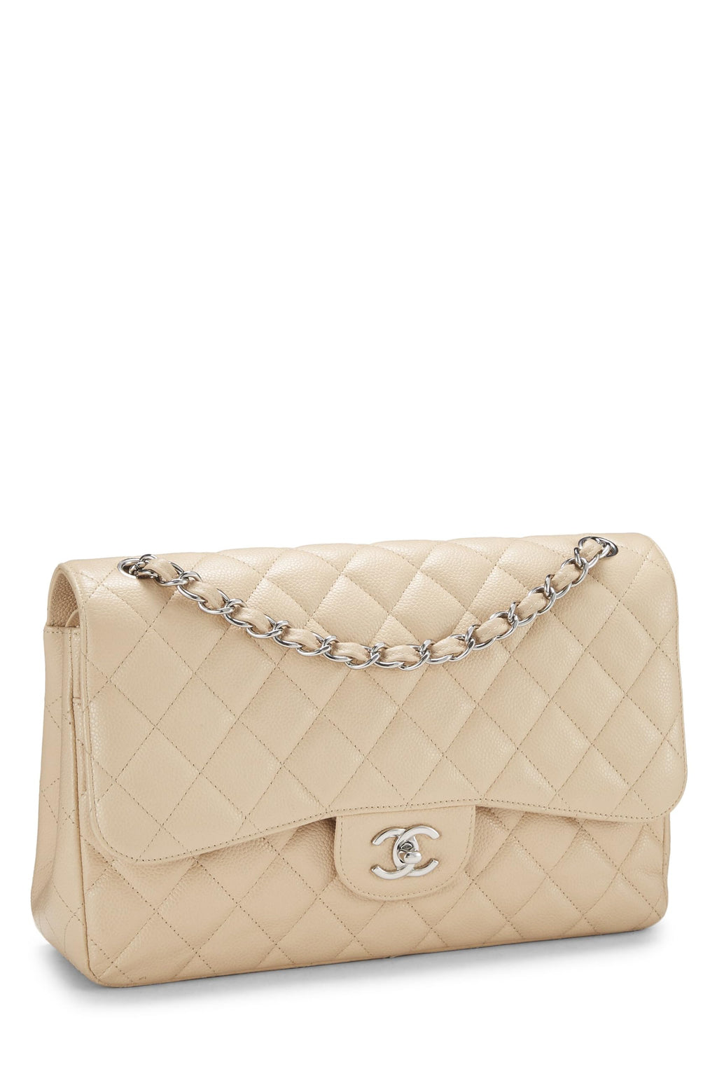 Chanel,  Beige Quilted Caviar New Classic Double Flap Jumbo, Beige