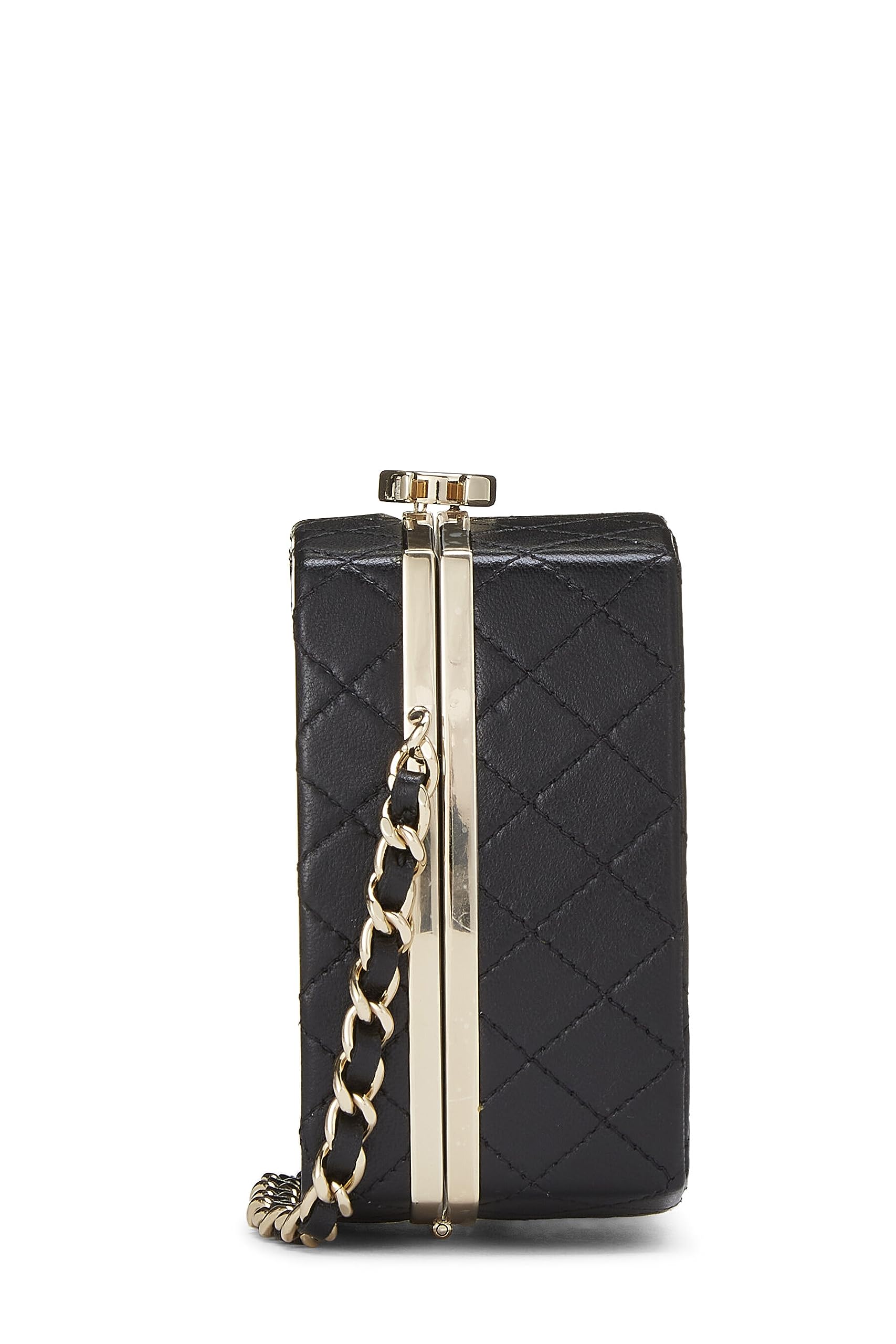 Chanel,  Black Lambskin Powder Clutch On Chain, Black