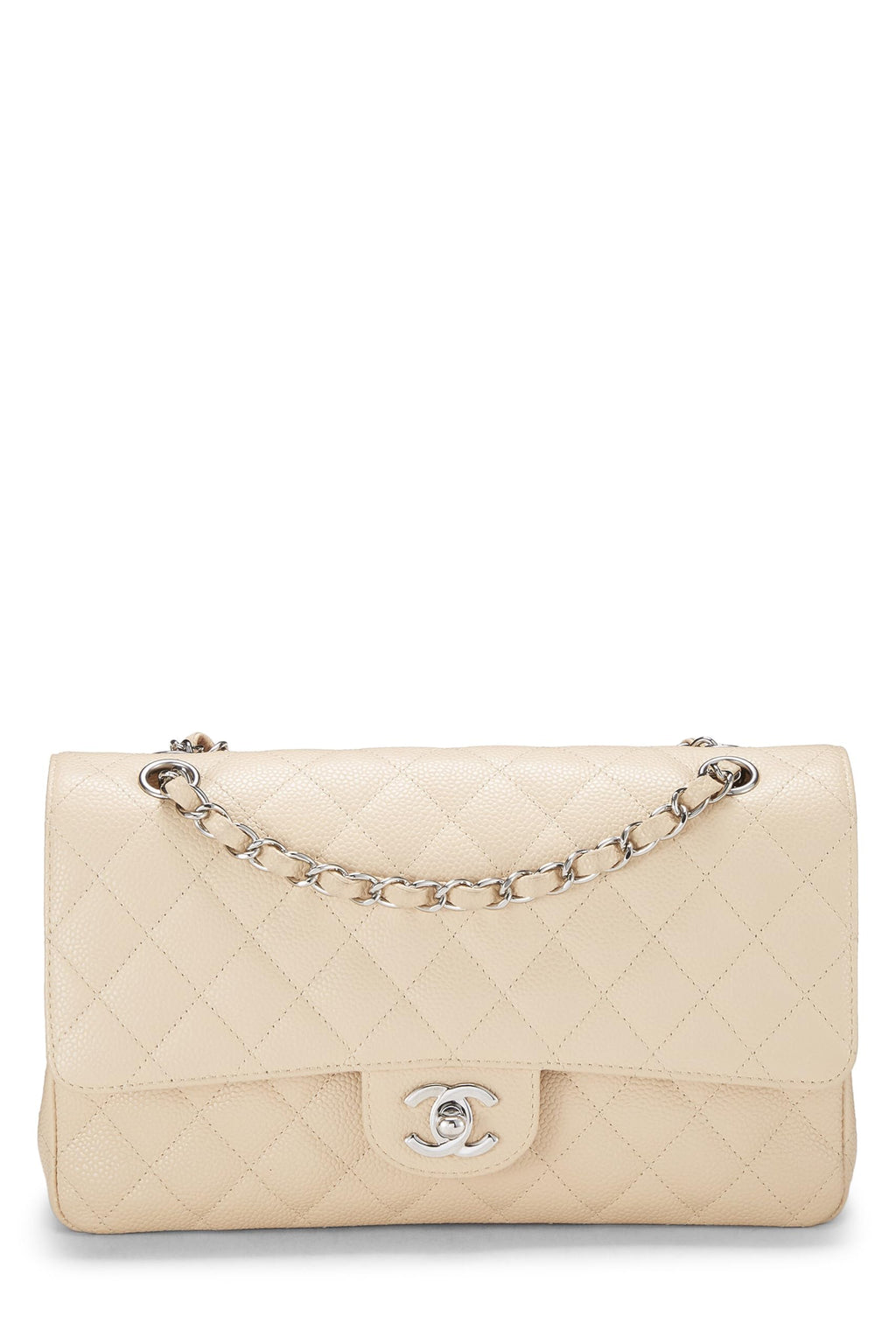 Chanel,  Beige Quilted Caviar Classic Double Flap Medium, Beige