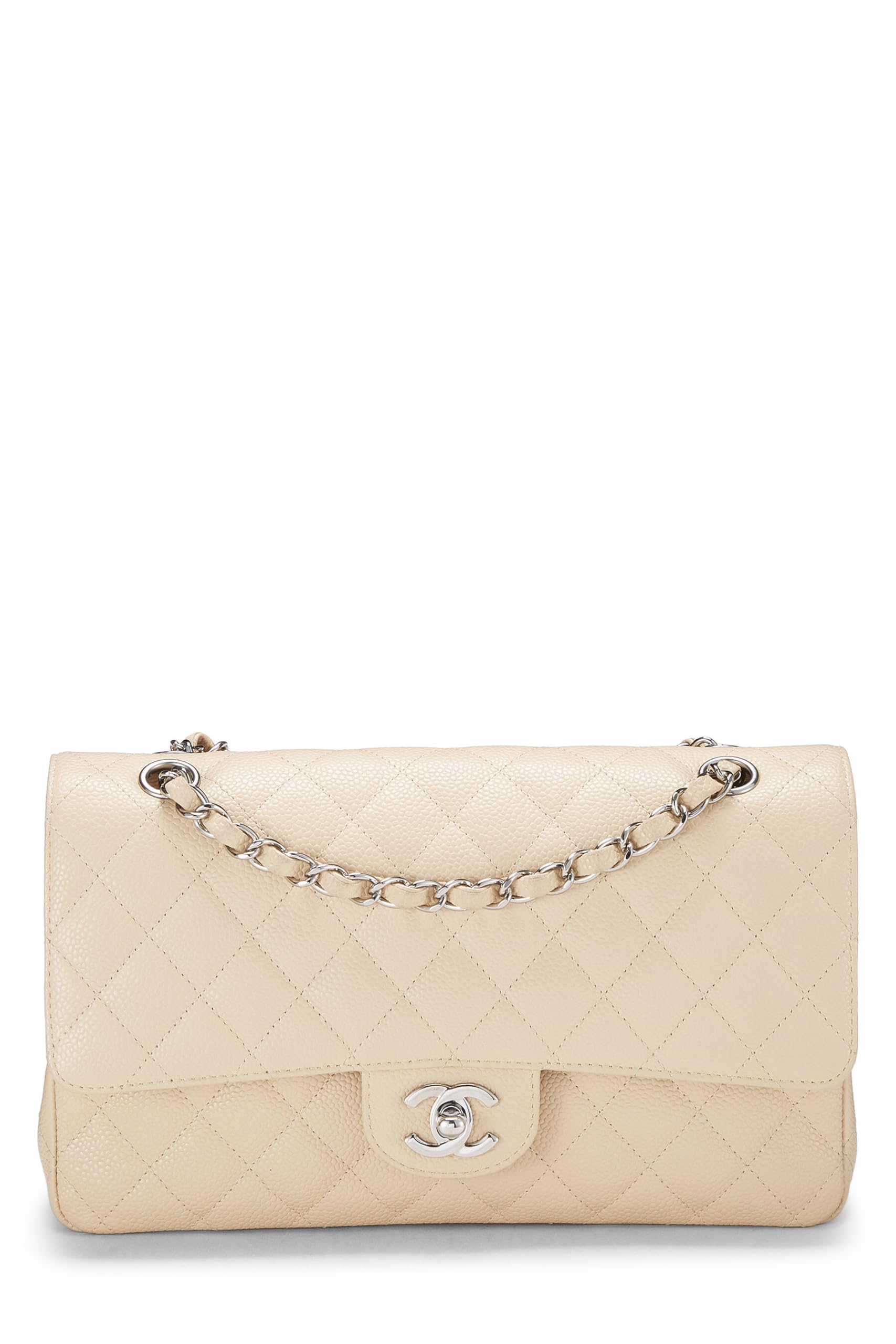 Chanel,  Beige Quilted Caviar Classic Double Flap Medium, Beige