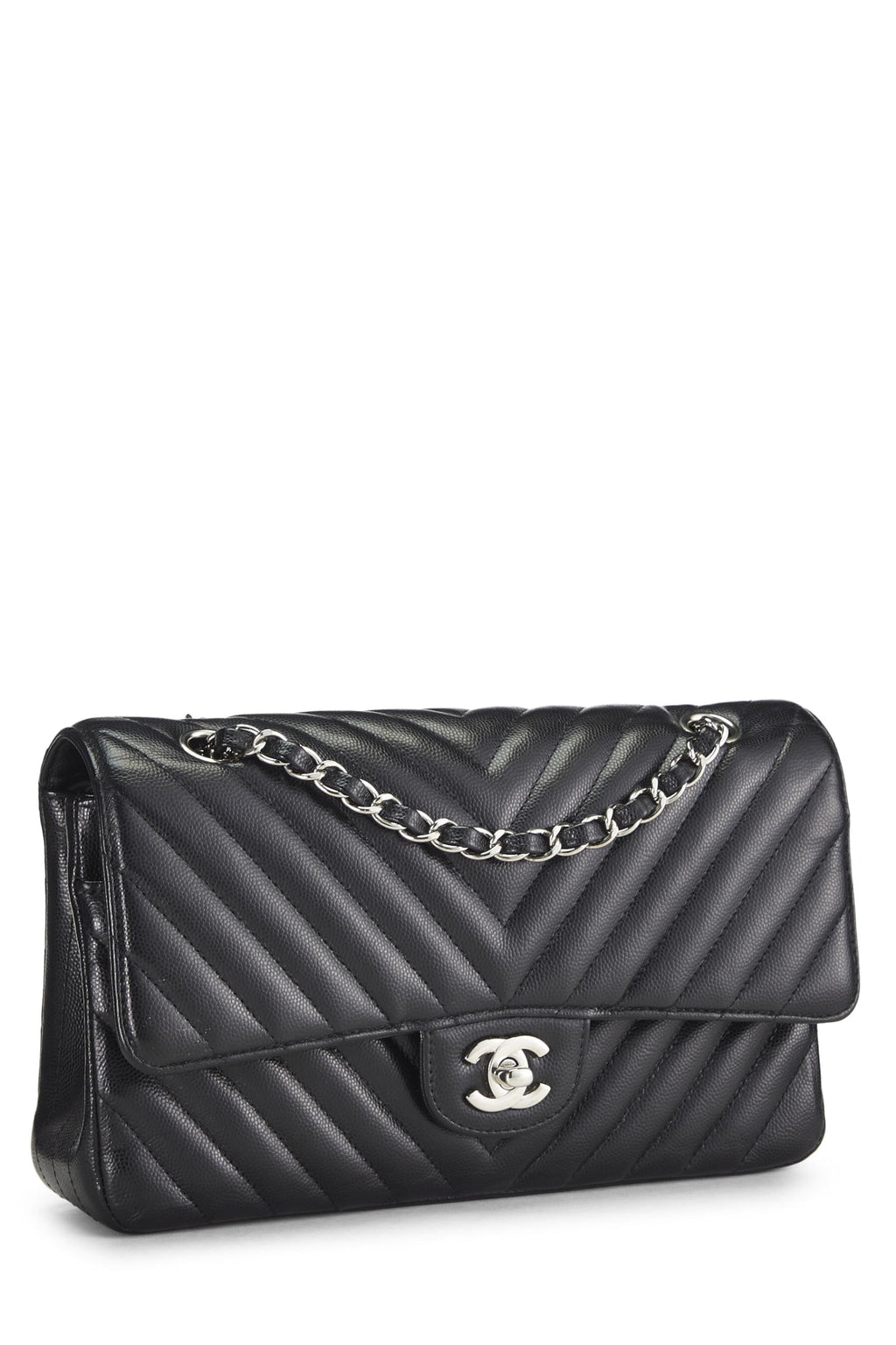Chanel,  Black Chevron Caviar Classic Double Flap Medium, Black