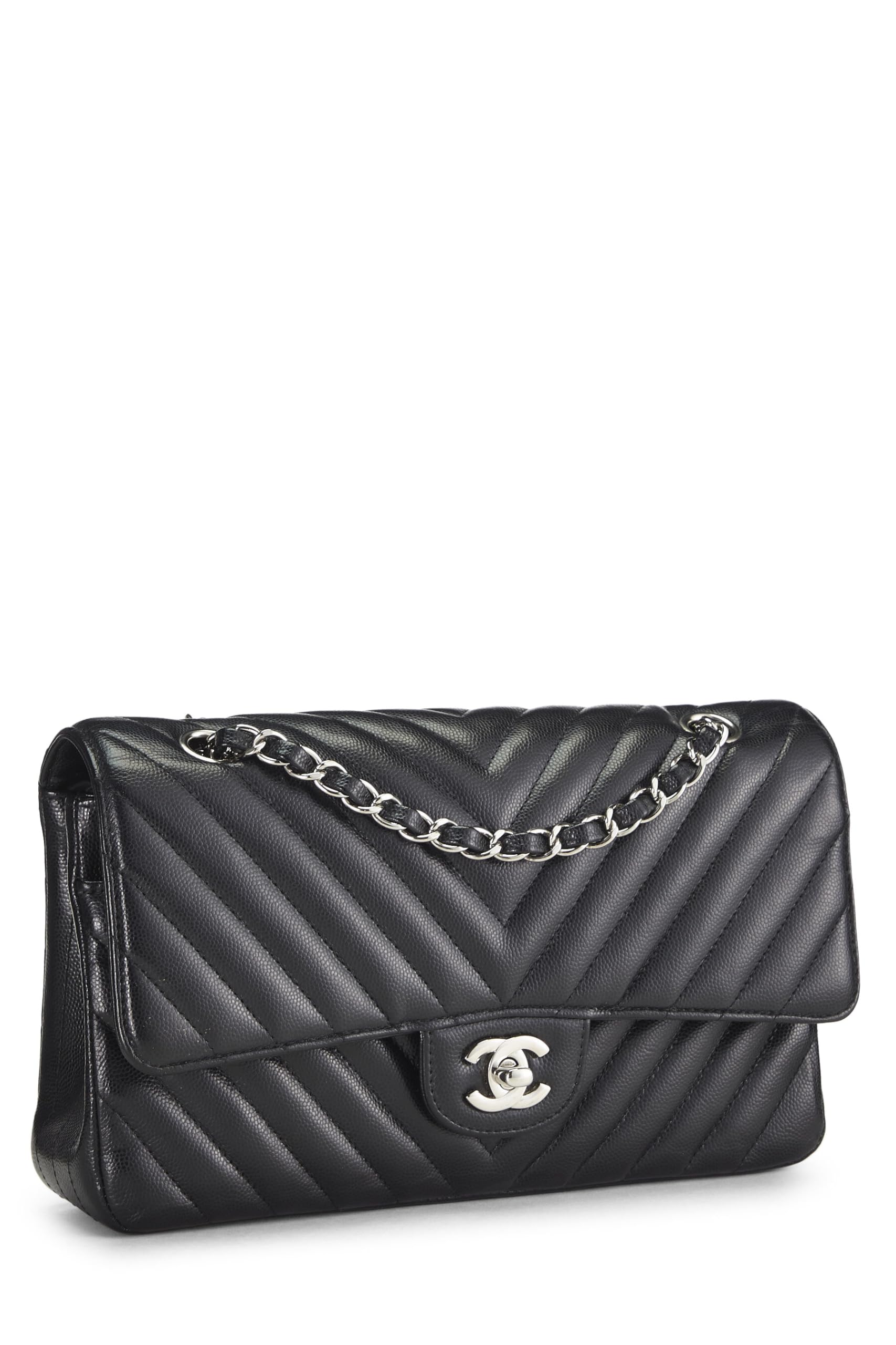 Chanel,  Black Chevron Caviar Classic Double Flap Medium, Black