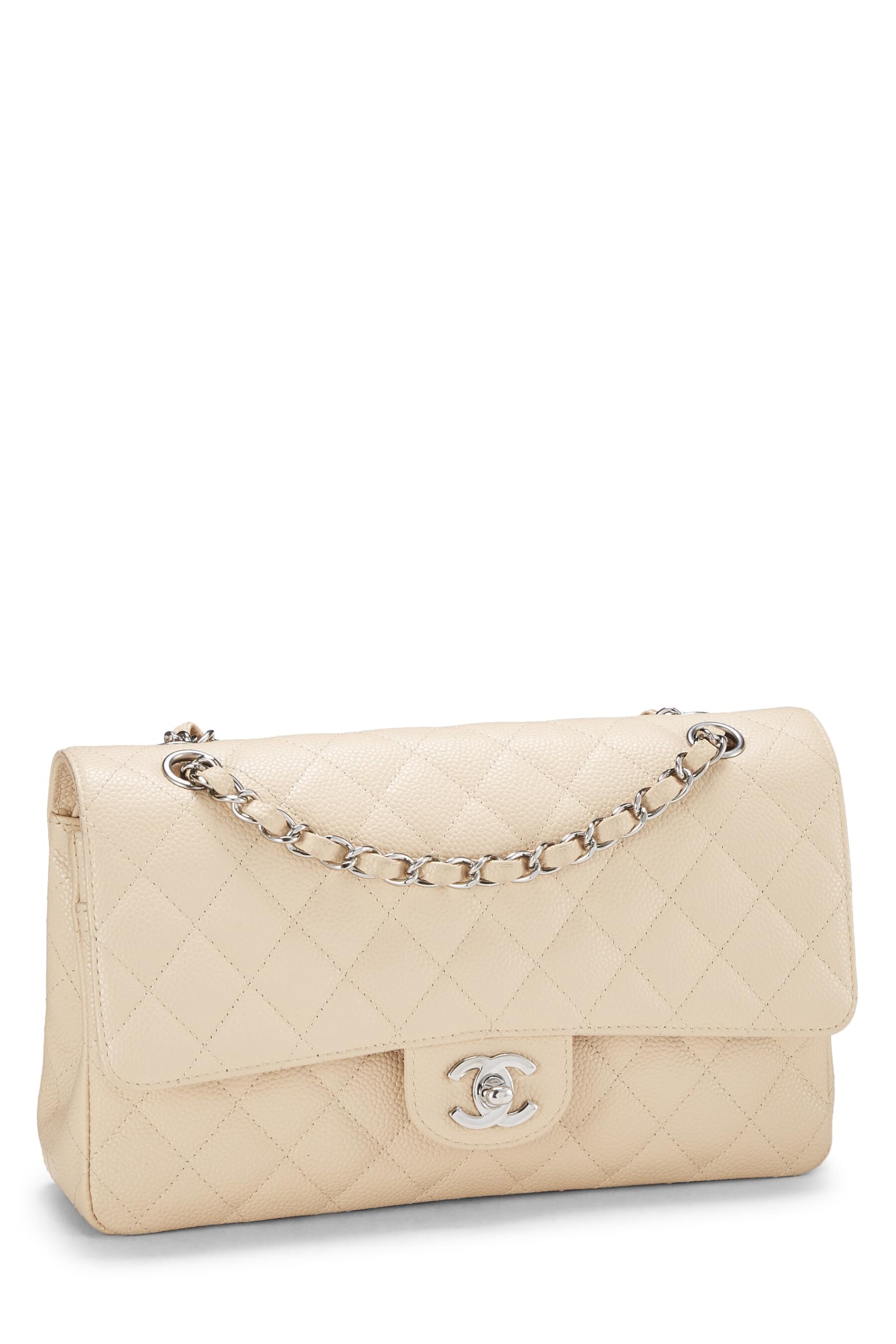 Chanel,  Beige Quilted Caviar Classic Double Flap Medium, Beige