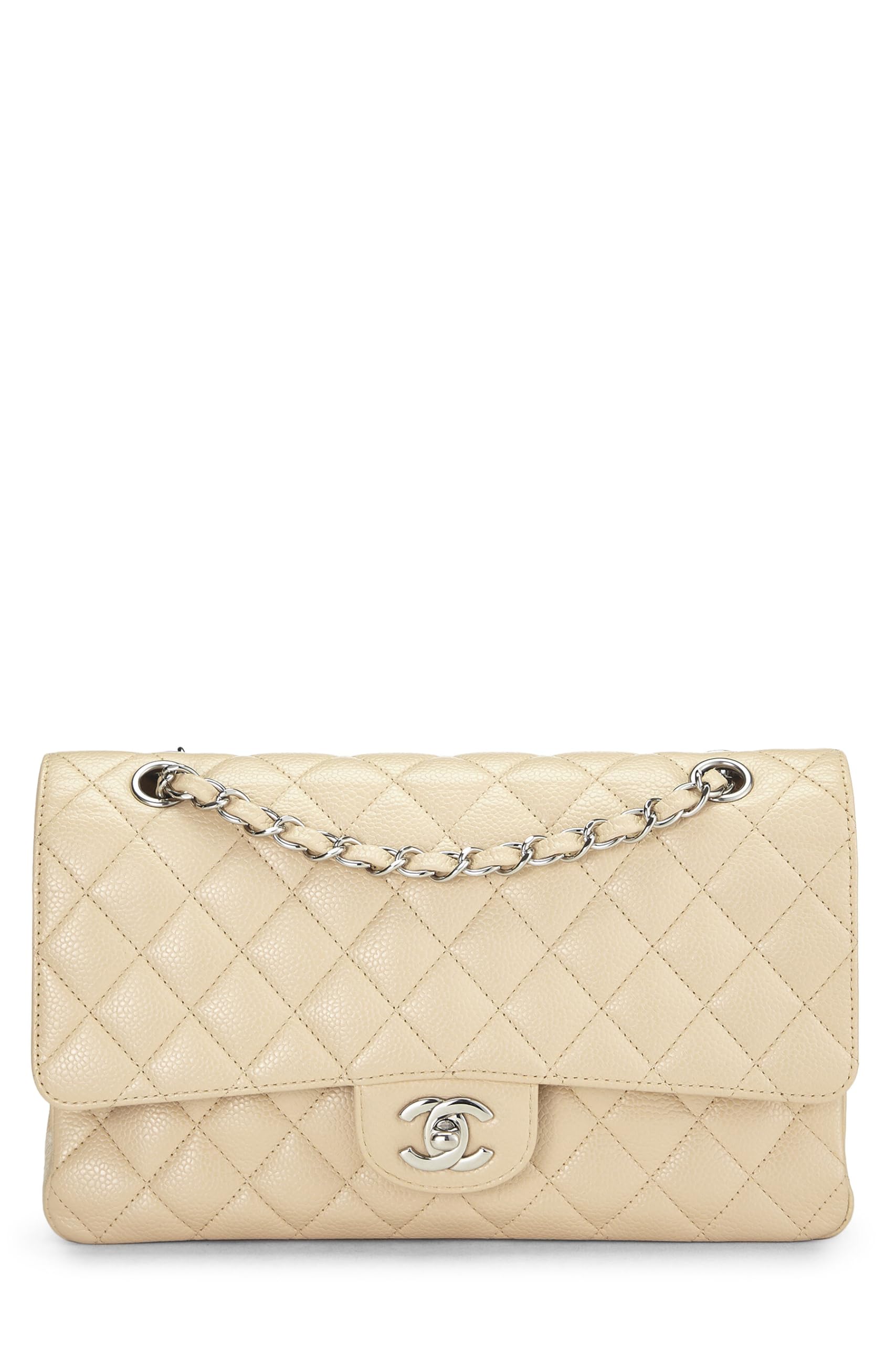 Chanel,  Beige Quilted Caviar Classic Double Flap Medium, Beige