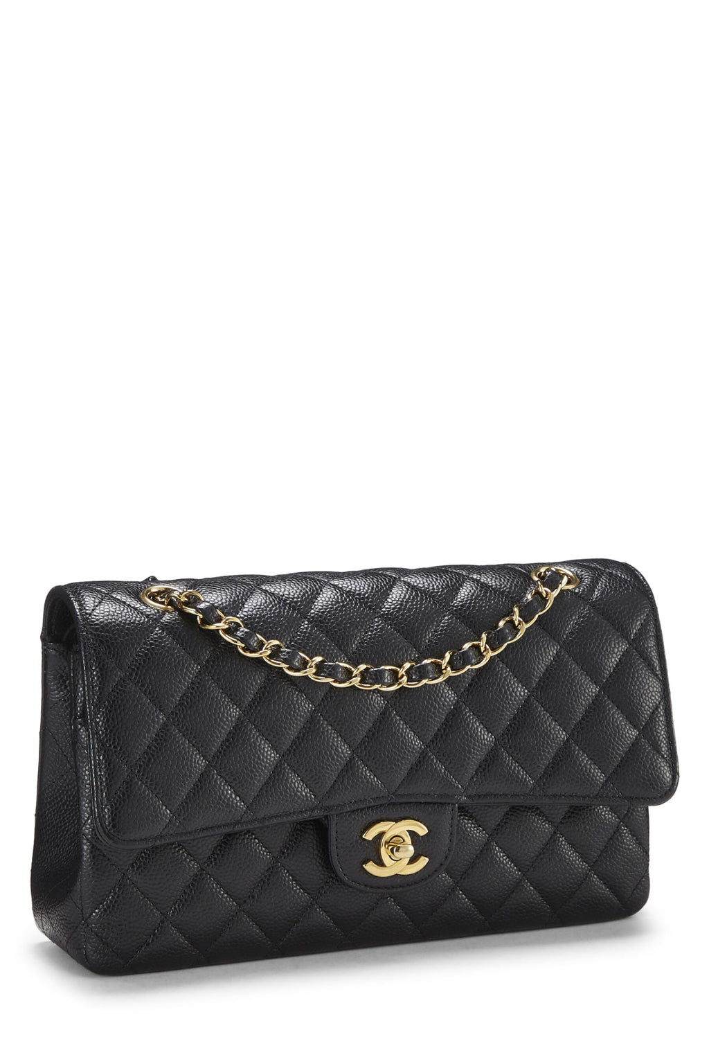 Chanel,  Black Quilted Caviar Classic Double Flap Medium, Black