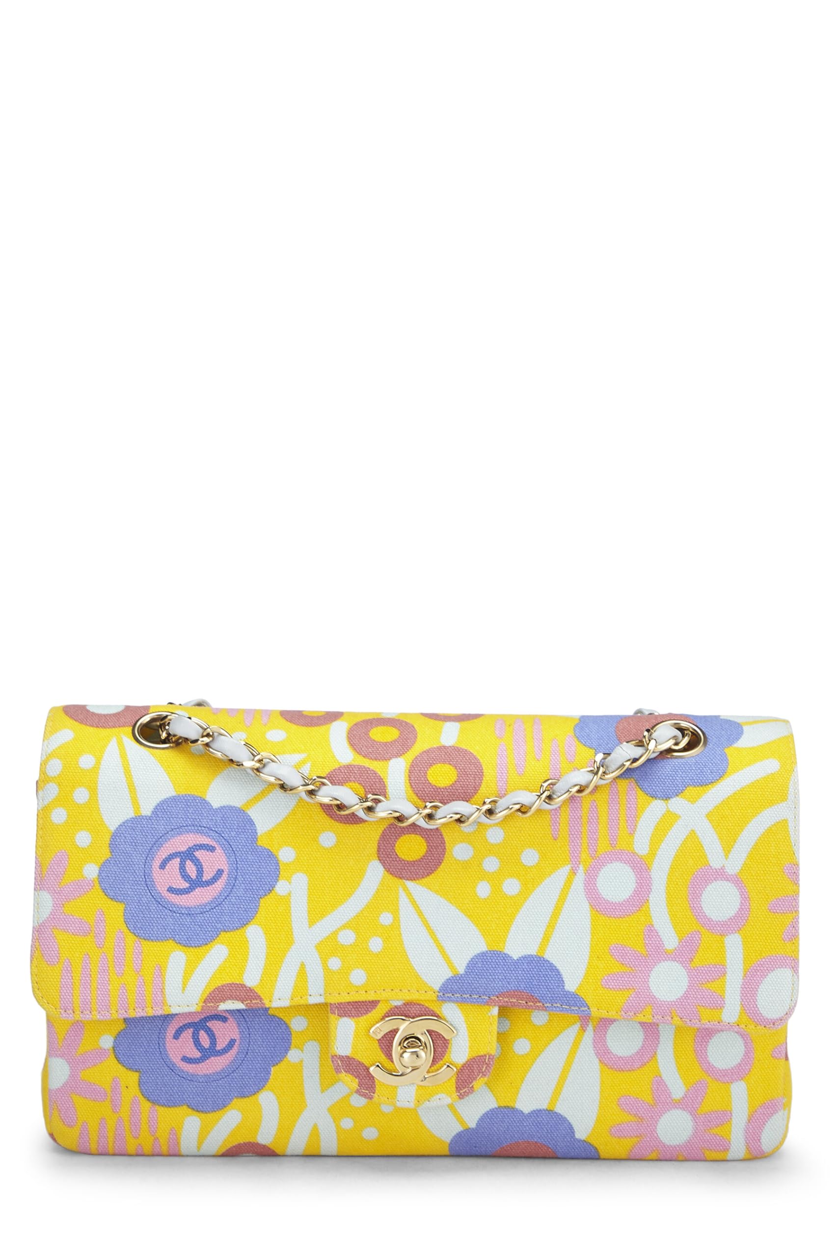 Chanel,  Yellow & Multicolor Floral Canvas Classic Double Flap Medium, Multi