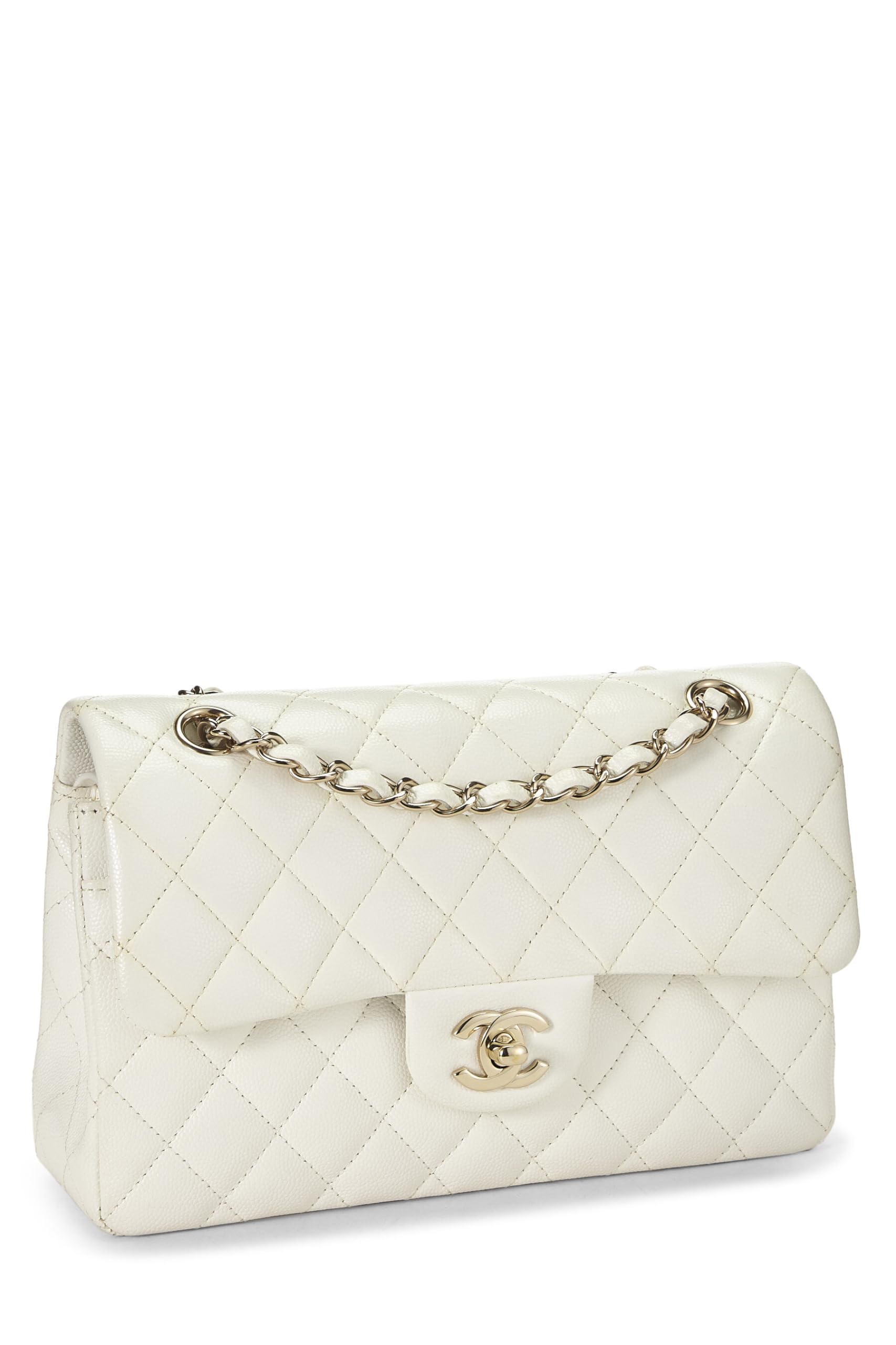 Chanel,  White Quilted Caviar Classic Double Flap Small, White