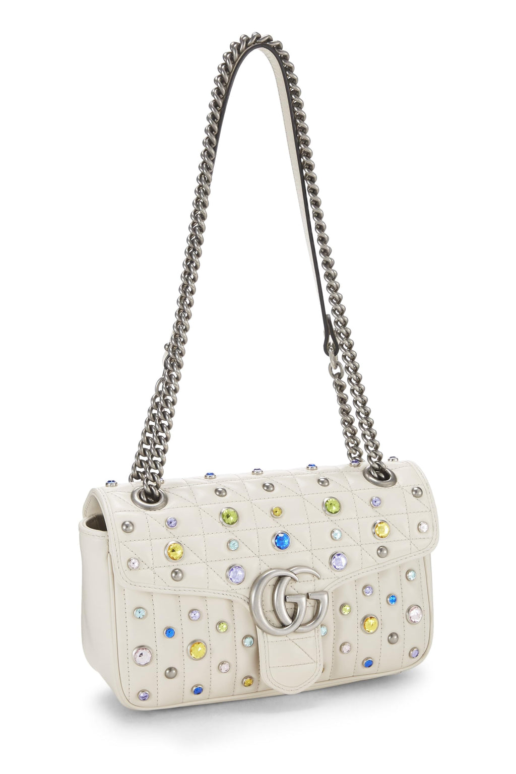 Gucci,  White Leather Crystal Embellished GG Marmont Shoulder Bag, White