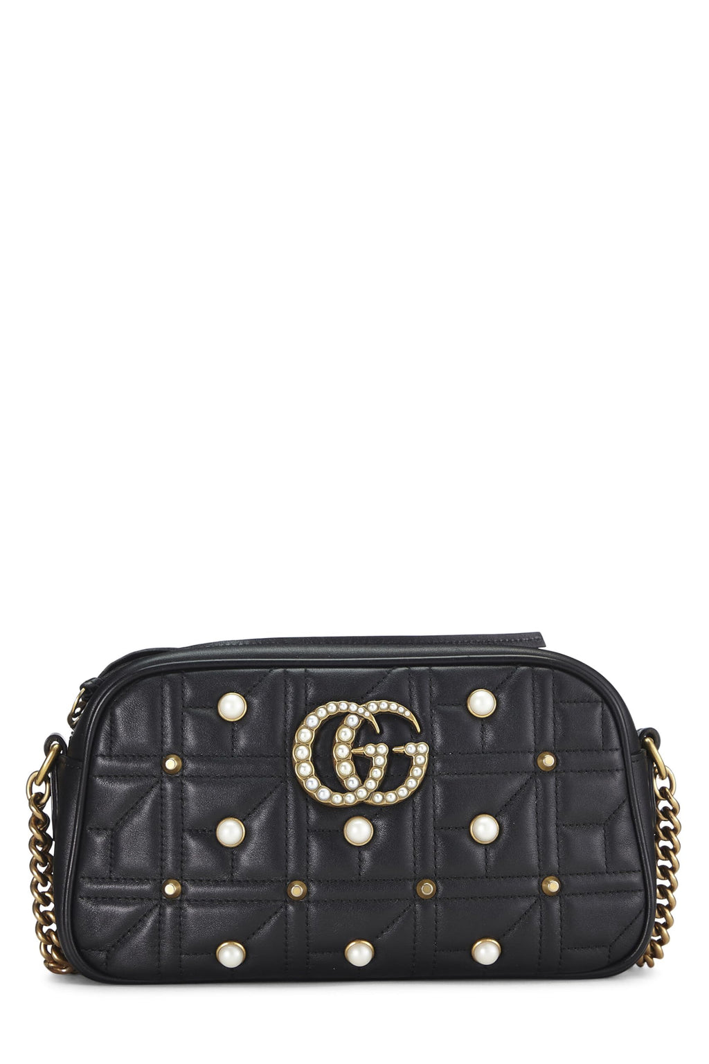 Gucci,  Black Leather & Faux Pearl Gucci Marmont Crossbody Small, Black