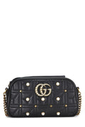 Gucci,  Black Leather & Faux Pearl Gucci Marmont Crossbody Small, Black