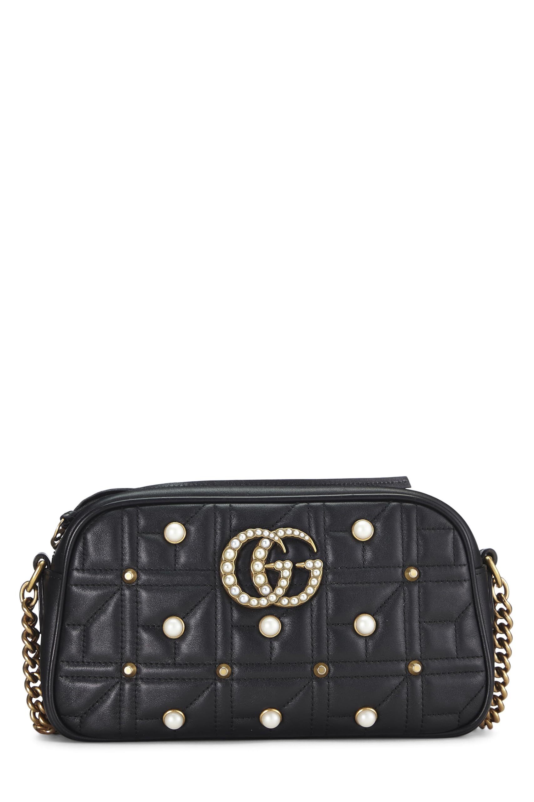 Gucci,  Black Leather & Faux Pearl Gucci Marmont Crossbody Small, Black