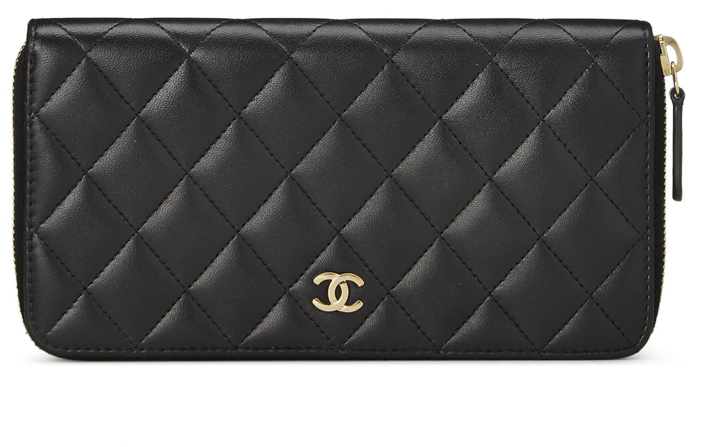 Chanel,  Black Quilted Lambskin Classic Zip Wallet, Black