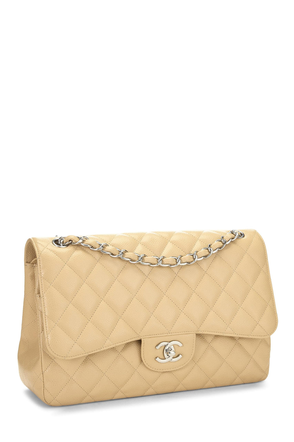Chanel,  Beige Quilted Caviar New Classic Double Flap Jumbo, Beige