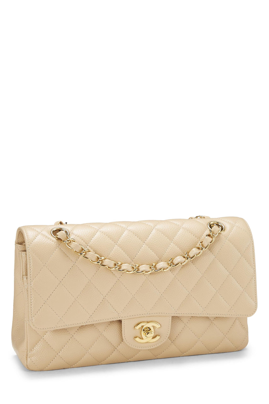 Chanel,  Beige Quilted Caviar Classic Double Flap Medium, Beige