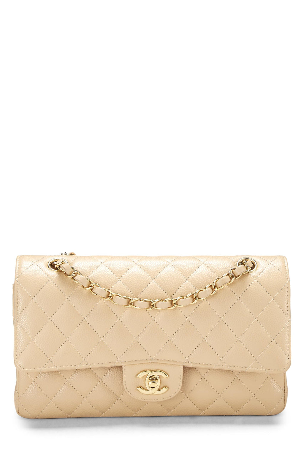 Chanel,  Beige Quilted Caviar Classic Double Flap Medium, Beige